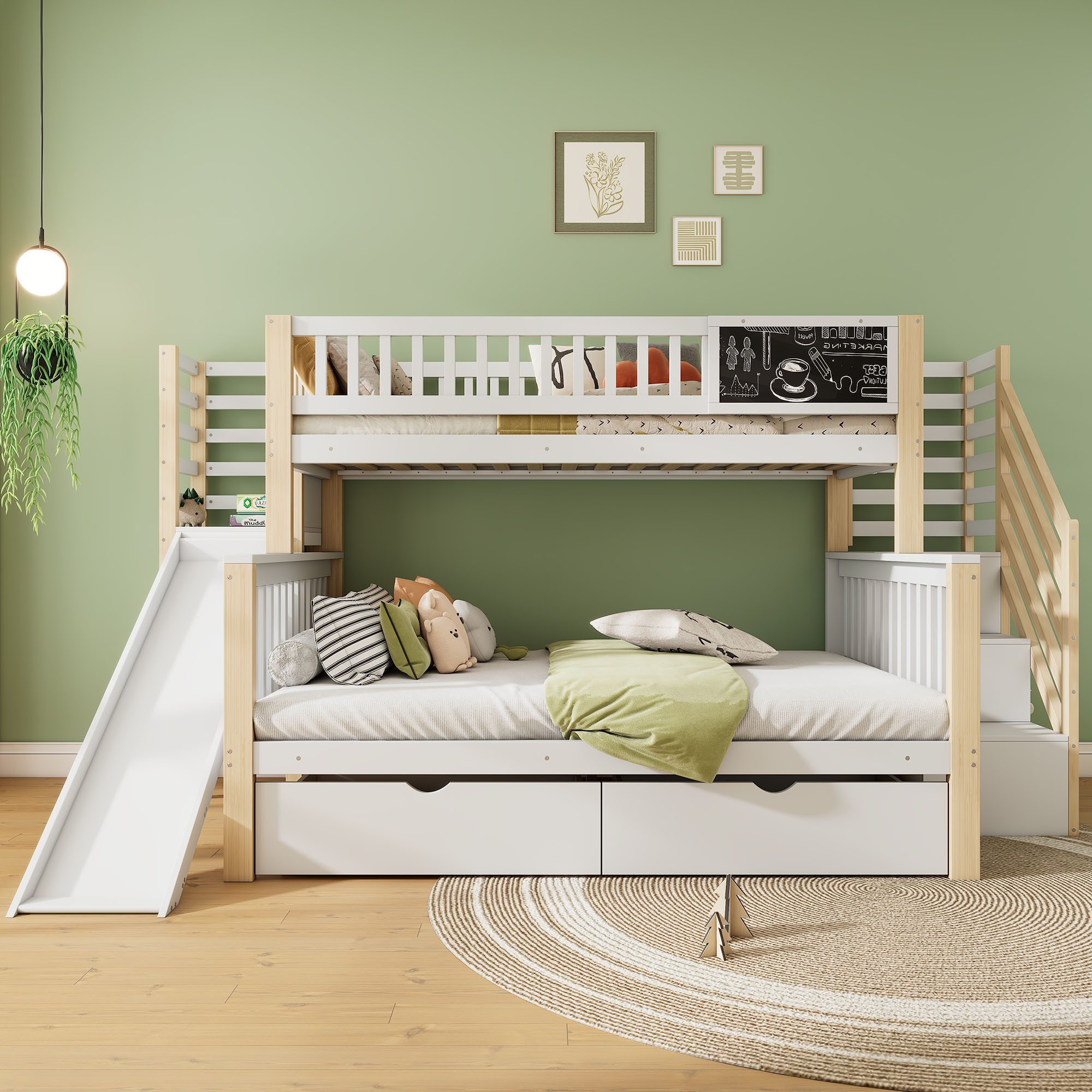 Flieks Etagenbett, Kinderbett 90x200cm+140x200cm mit Tafel, 2 Schubladen, Rutsche, Treppe