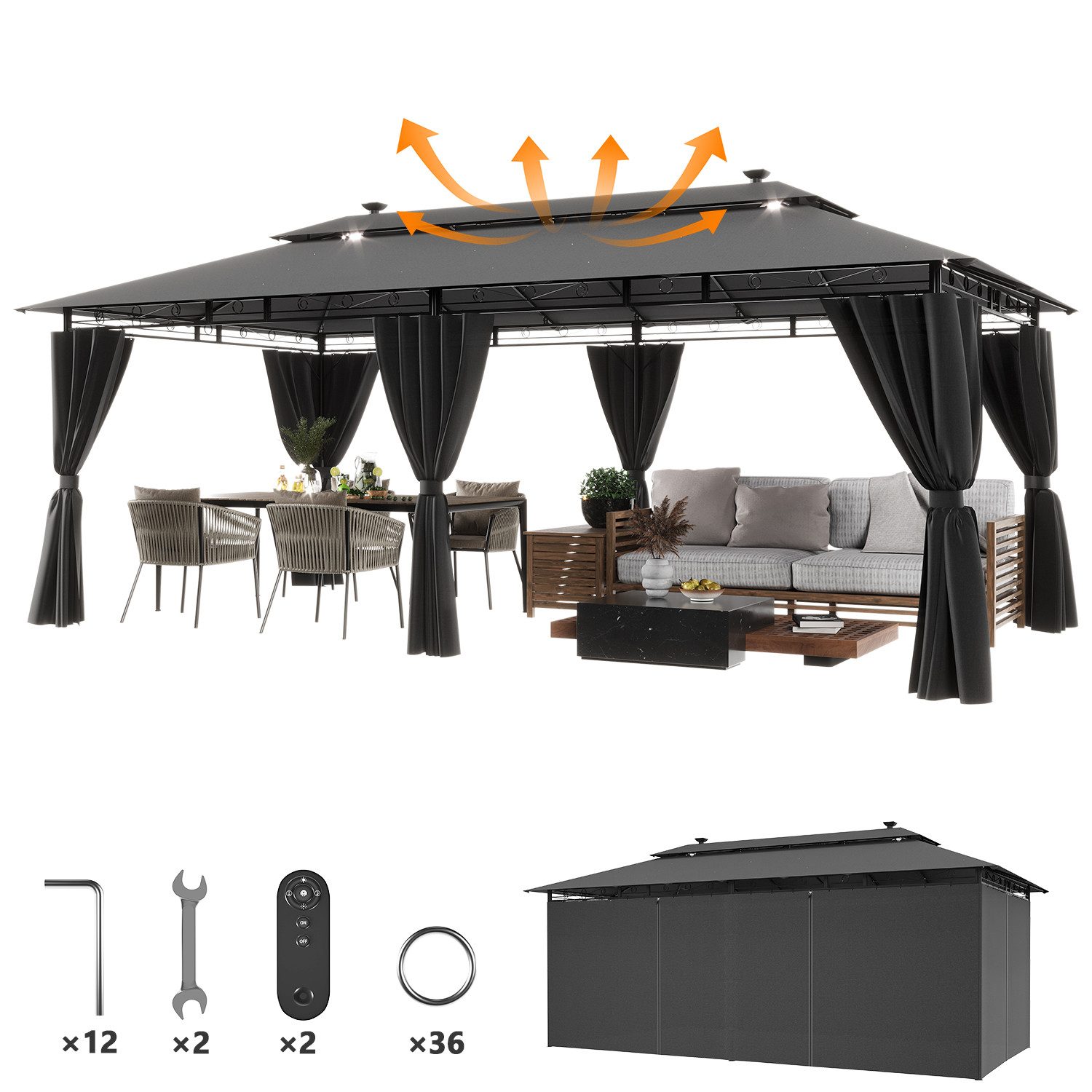 HOMALL Pavillon wetterfestes Gartenpartyzelt mit 4 Seitenwänden, mit Solar-LED, mit 4 Seitenteilen, Gartenpavillon für 4-10 Personen, Winterfest und Wasserdicht