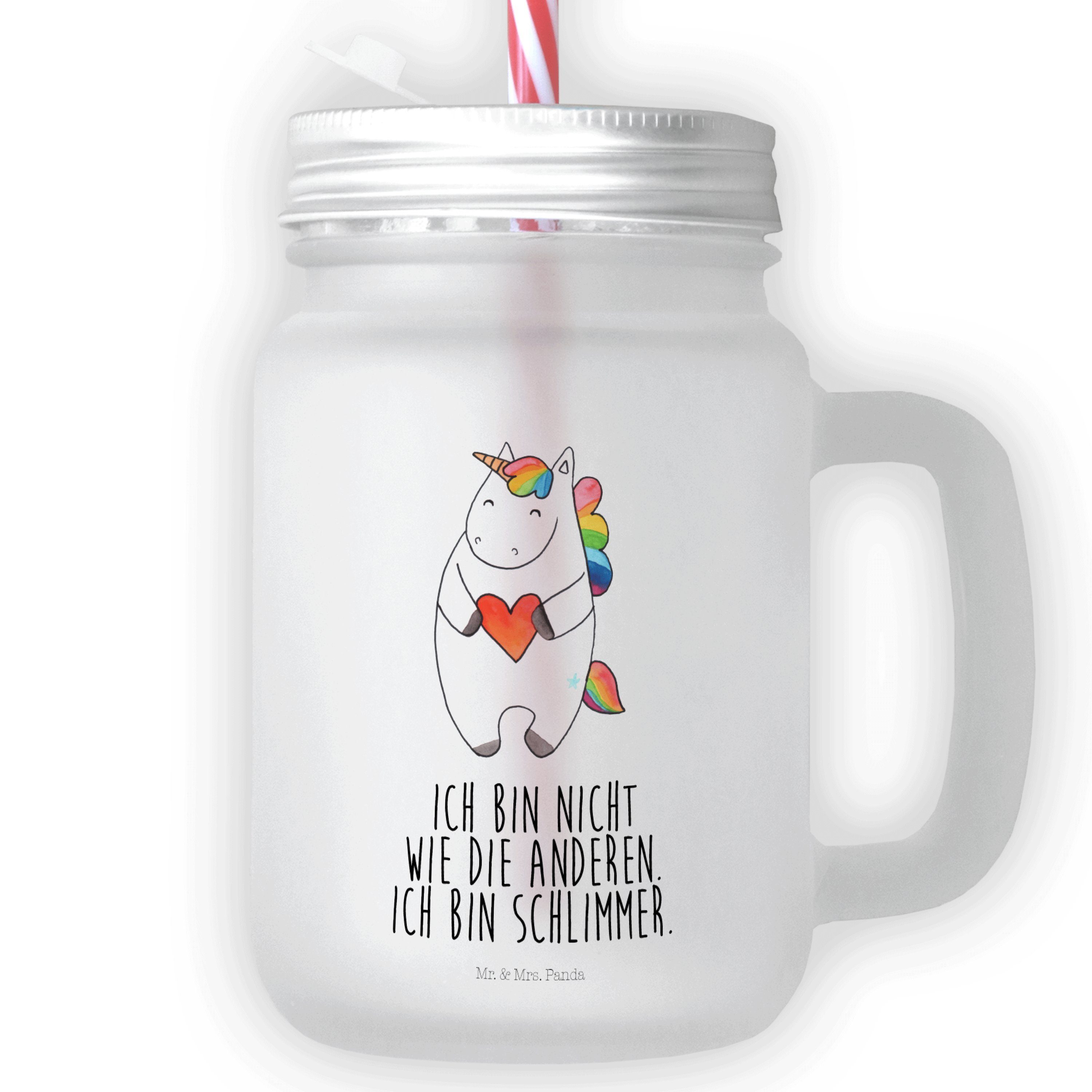Mr. & Mrs. Panda Glas Einhorn Herz - Transparent - Geschenk, Trinkglas, Einhörner, Cocktail, Premium Glas | Gläser