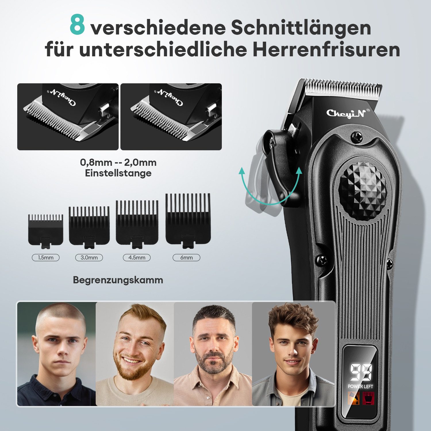 CkeyiN Haar- und Bartschneider Haarschneidemaschine Barttrimmer Set für Herren mit 4 Kammaufsätzen, Wasserdicht mit LED-Anzeige 180min Betriebsdauer