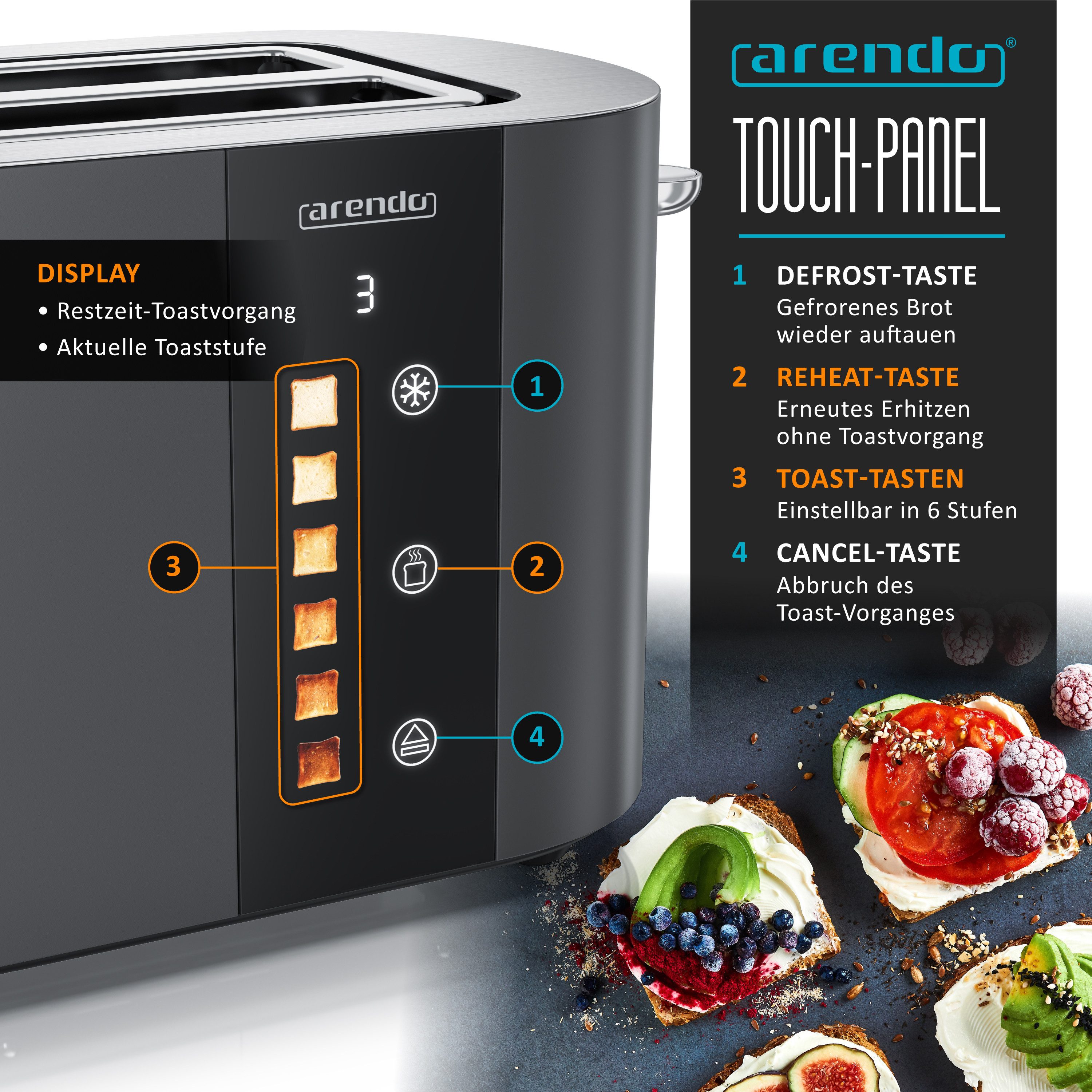 Arendo Toaster Edelstahl, Langschlitz, Touch Display, Restzeit & Bräunungsgradanzeige, 2 lange Schlitze, für 4 Scheiben, 1500 W, Brötchenaufsatz, Wärmeisoliert, Toast-Symbole für Bräunungsgradauswahl