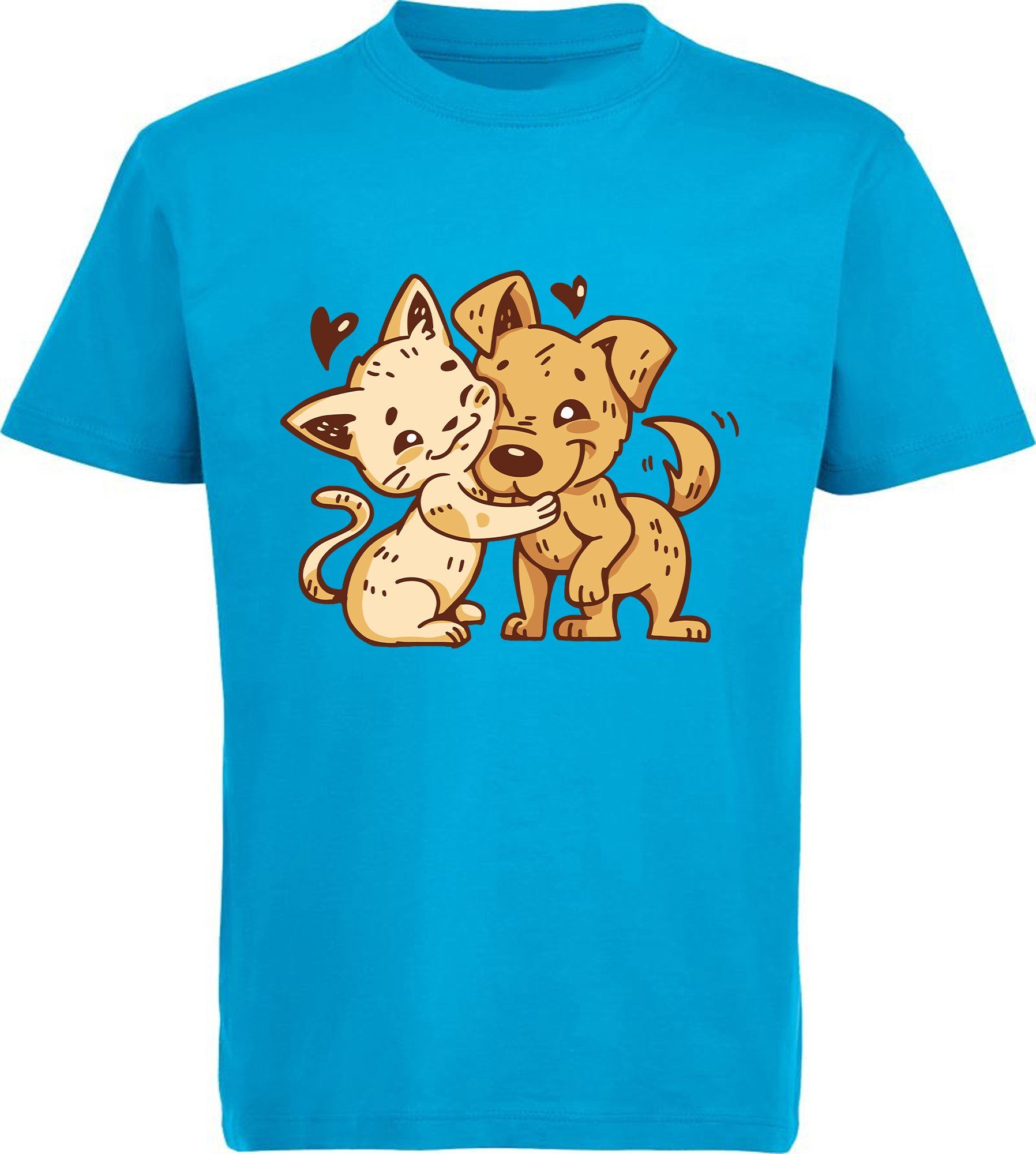 Print-Shirt Kinder T-Shirt bedruckt - Hund mit Katze kuschelnd