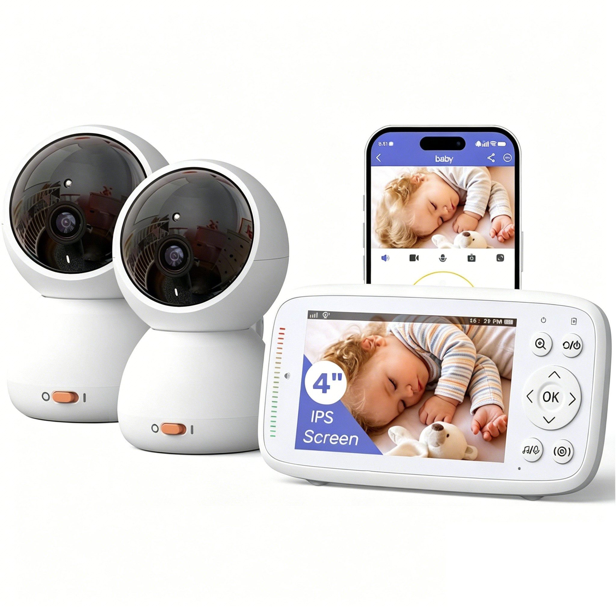 Boifun Video-Babyphone 360 Grad Babyphone mit Kamera, 4'' IPS WLAN Video Babyfon, IR Nachtsicht 17600mAh 3X Zoom 360° Ansicht Zwei-Wege-Audio Temperaturüberwachung, 1-tlg., Nachtsicht, Bereich alarme, Temperatur, Baby Kamera und APP, Unterstützt Mehrere Schlaflieder zum Aufrufen mit einem Klick