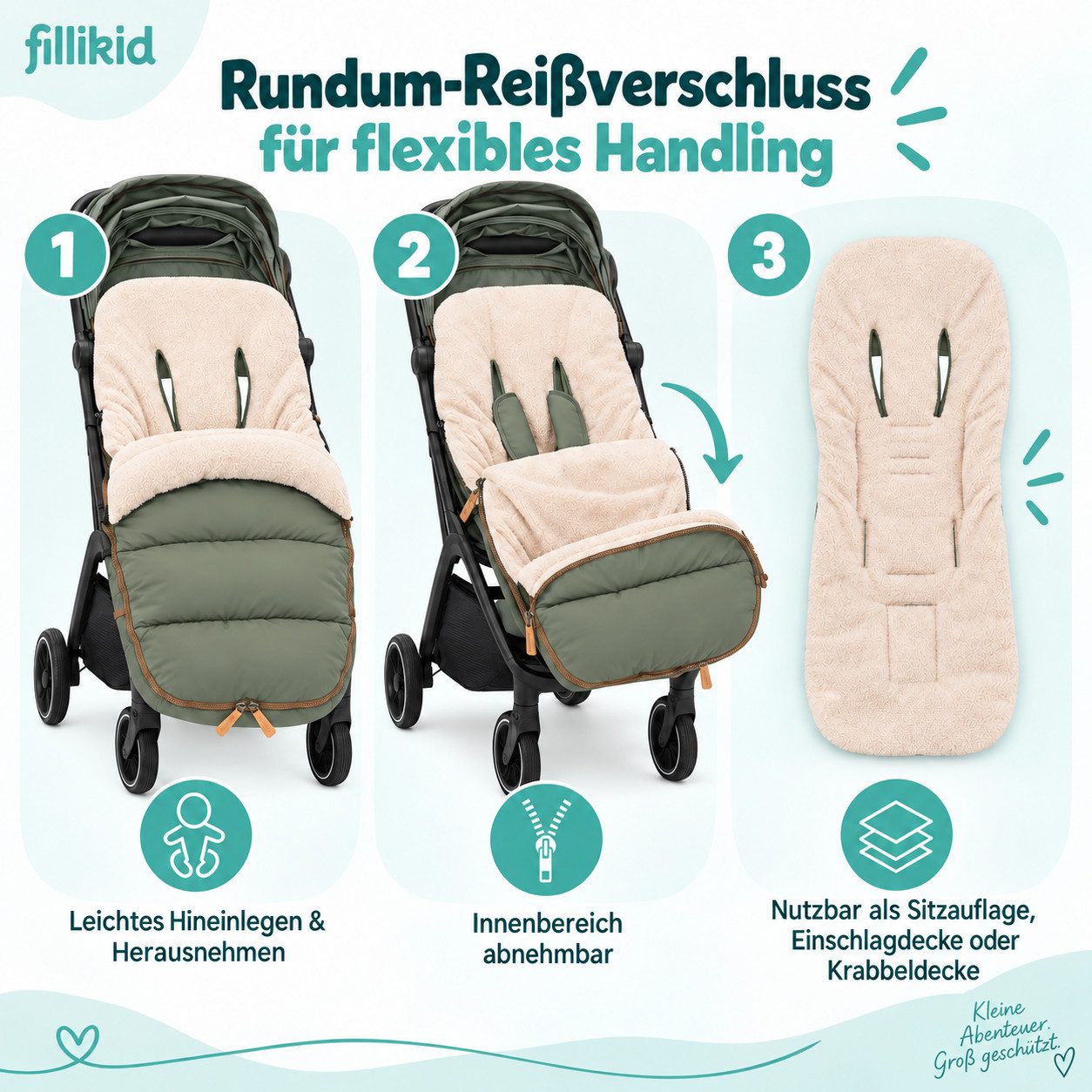Fillikid Fußsack Winterfußsack Kinley Exklusiv, warmer Winterfußsack waschbar mit Rundum Reißverschluss und – Bild 4 von 5