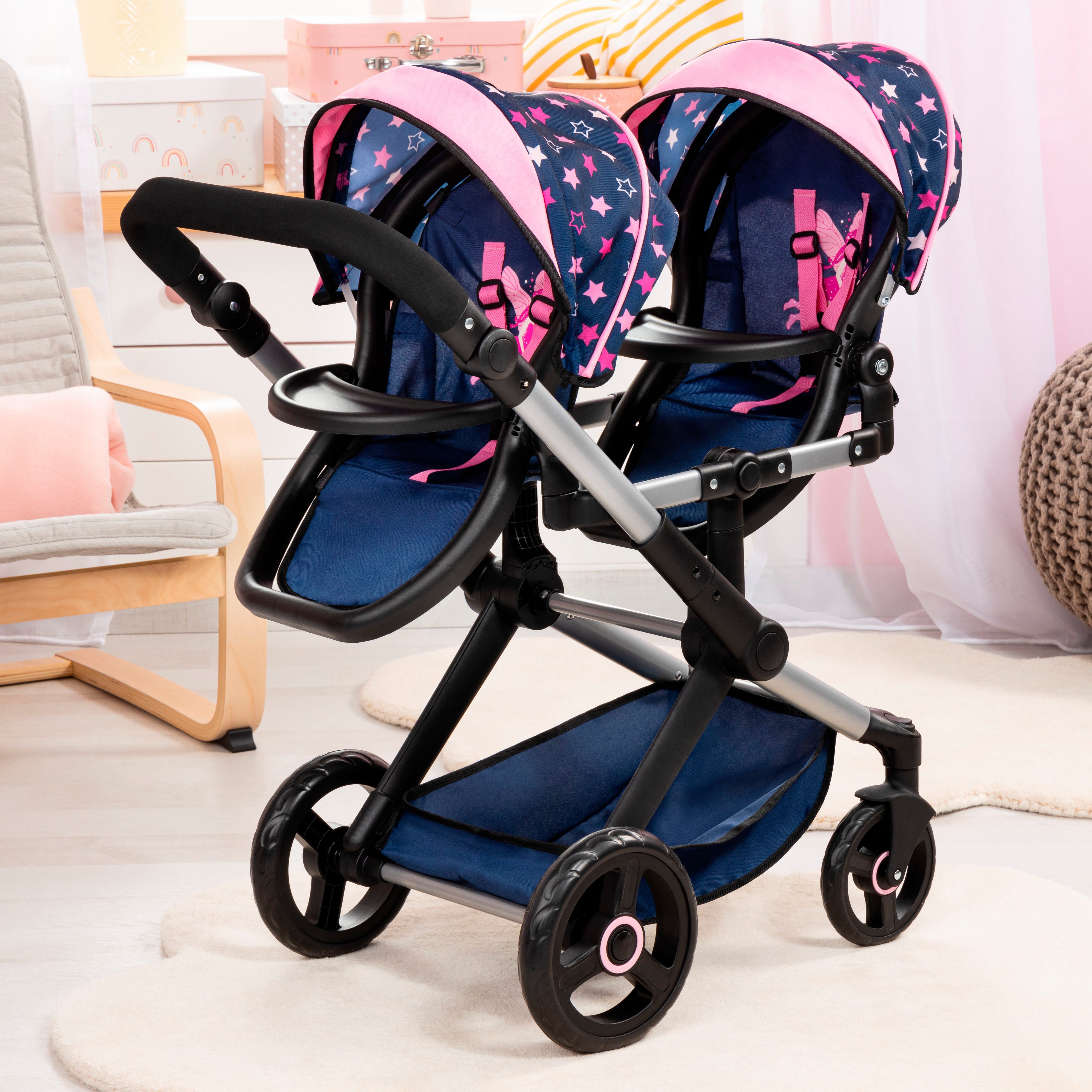 Bayer Puppen-Zwillingsbuggy Xeo Twin blau/pink, mit Wickeltasche günstig online kaufen