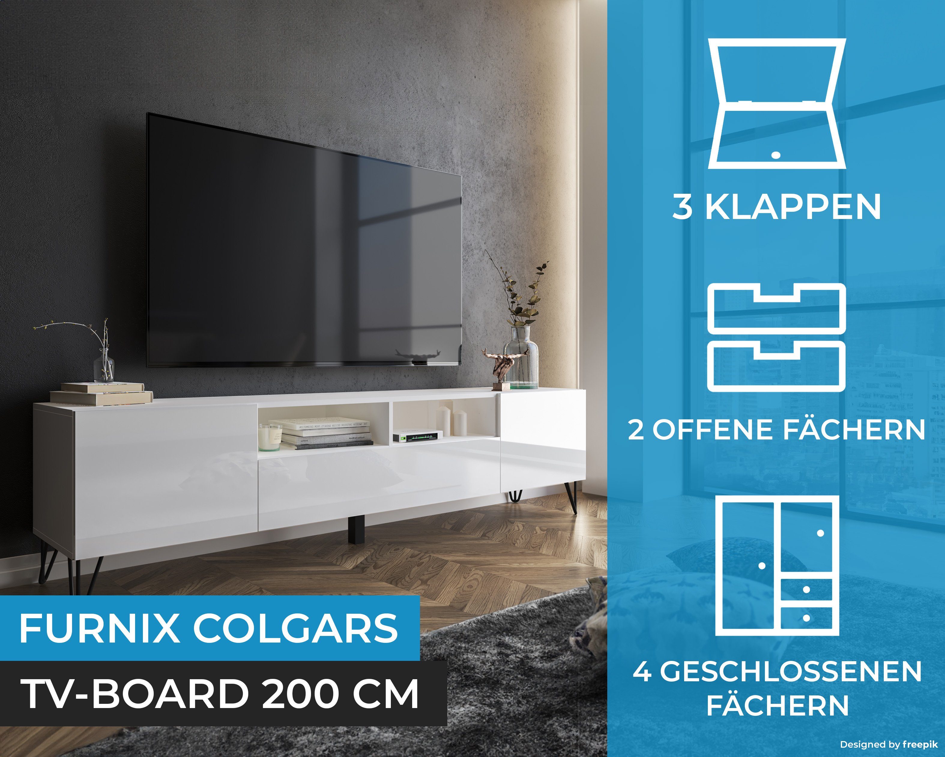 mit Glanz COLGARS TV-Schrank TV-Board M11 H51 Metallfüßen, x Furnix HAIRPIN cm Weiß/Weiß T37 B200 x Lowboard