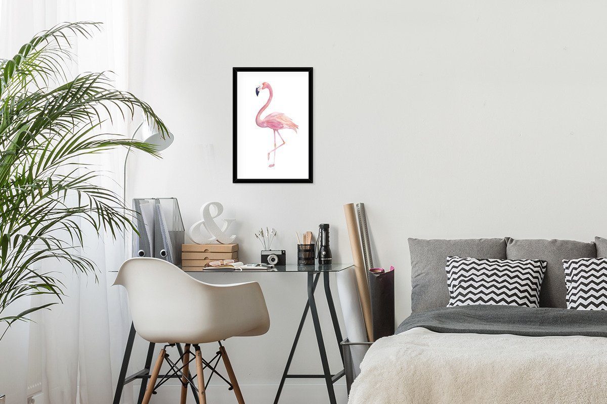 Wanddeko, - Gerahmtes (1 Poster, Rosa, Wandposter, Flamingo - Poster Bilder, Schwarzem St), MuchoWow Aquarell Bilderrahmen