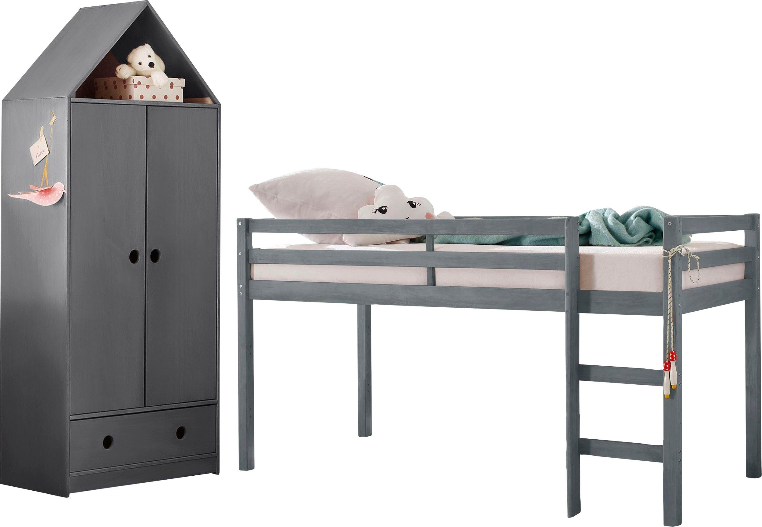 Kleiderschrank Lüttenhütt Räume Hausoptik, (Spar-Set, Hochbett in und Alpi, perfekt kleine Jugendzimmer-Set 2-St), für grau