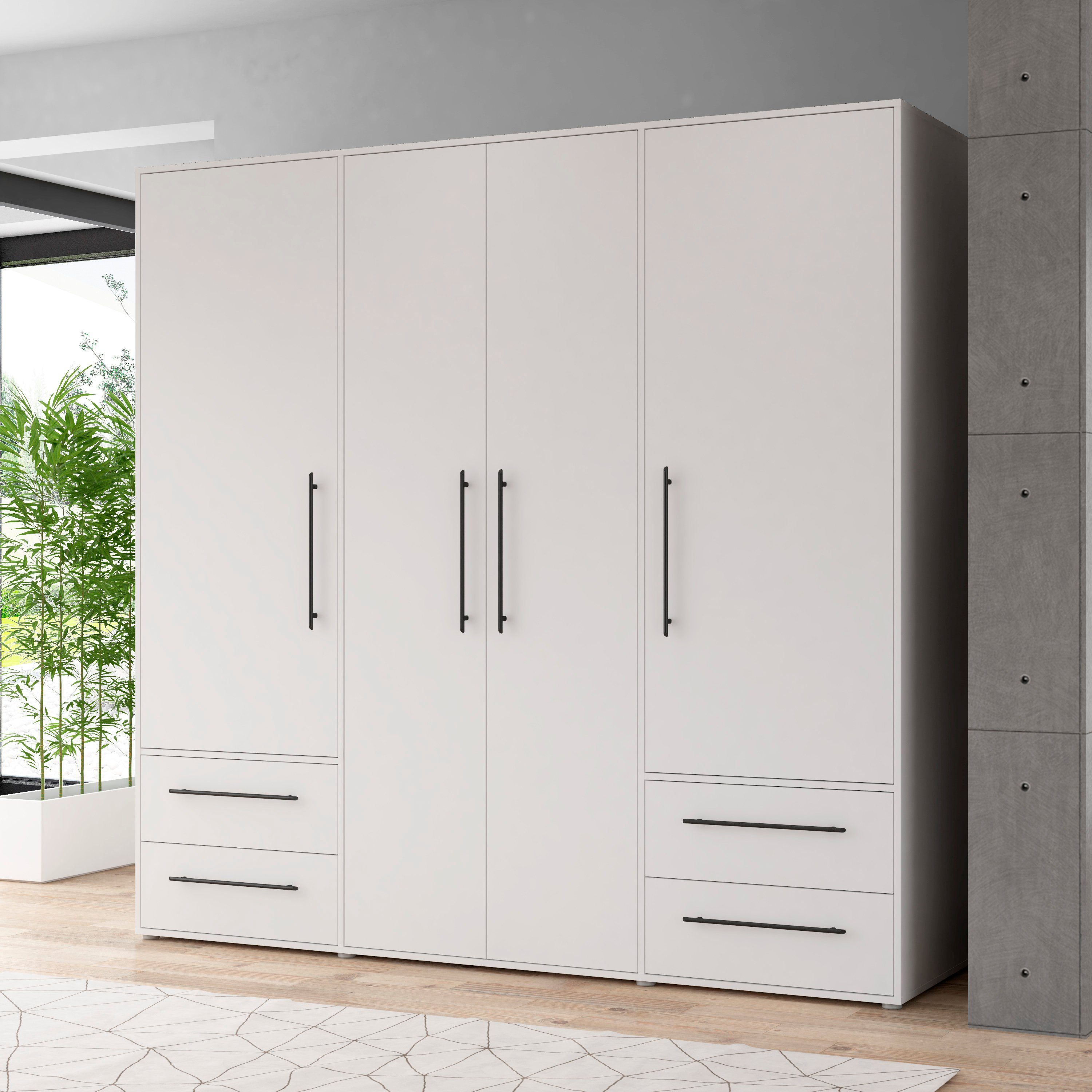 FORTE Kleiderschrank Mokkaris,Topseller, zeitloses Design, 3–4 Türen, Made in Europe (B/H/T ca. 145x200x59cm oder 206x200x59cm) Schubladen + schwarze Stangengriffe, Made in Europe, viel Stauraum