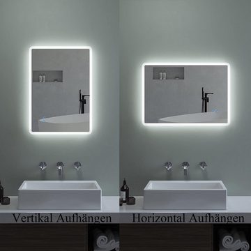 AQUABATOS Badspiegel Wandspiegel mit Beleuchtung Lichtspiegel Badezimmerspiegel Beleuchtet, Dimmbar, Kaltweiß 6400K, Touch Schalter, Antibeschlag, Energiesparend
