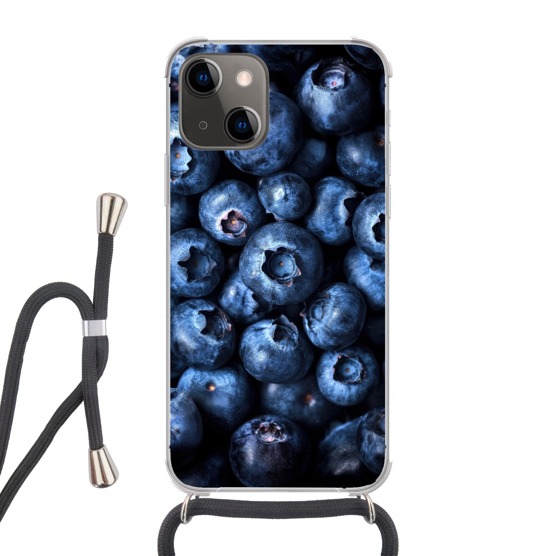 MuchoWow Handyhülle für Apple iPhone 13 Mini Beeren - Blau - Obst, Tragbare Handyhüllen mit Kette zum umhängen, Handykette Handyband