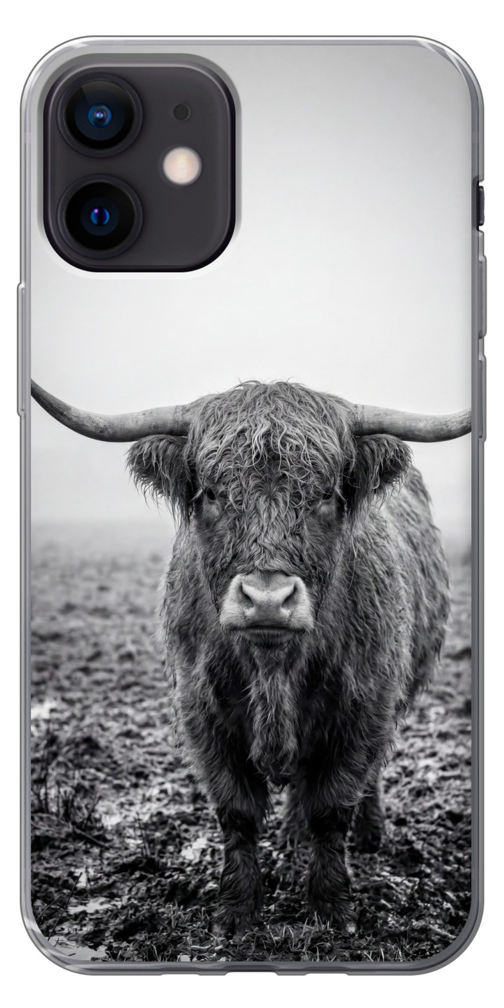 MuchoWow Handyhülle für Apple iPhone 12 Schottischer Highlander - Schwarz - Weiß - Gras, Smartphone-Bumper, Print, Handy Schutzhülle Dünn