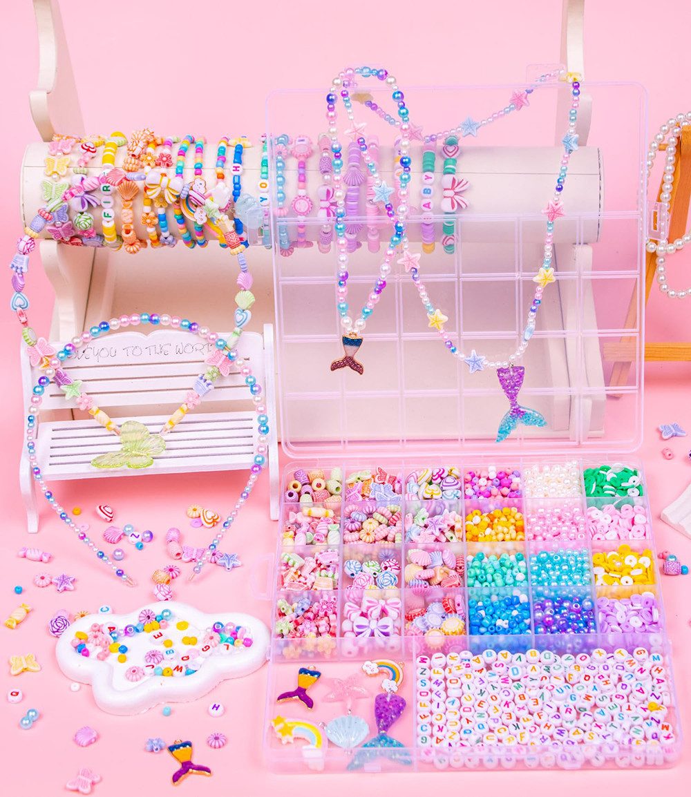 CLTYQ Ketten und Armband Set Perlen-Set zum Armbänder Selbermachen, bunte Perlen zum Auffädeln, Bastelset für Kinder ab 6 Jahren,Basteln, Schmuckherstellung