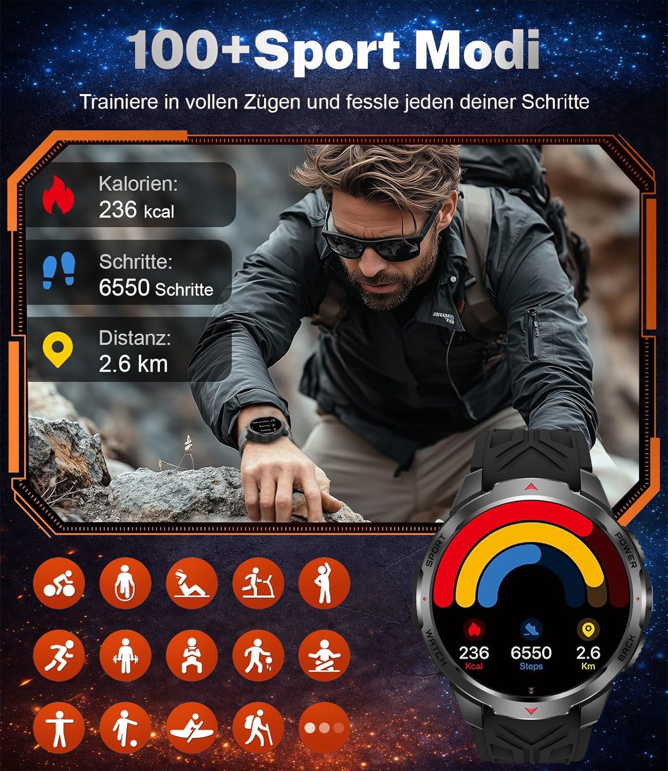 SWGOTA 2026 Smartwatch Herren Militär Fitnessuhr Herren mit 100+ Sportmodi Smartwatch (1,7 Zoll), 1100mAh Akku Sportuhr Herren mit 3 Armbänder,Herzfrequenz,Blutdruck-, SpO2-/Schlafüberwachung,Schrittzähler,Kompass,Taschenlampe,IP68