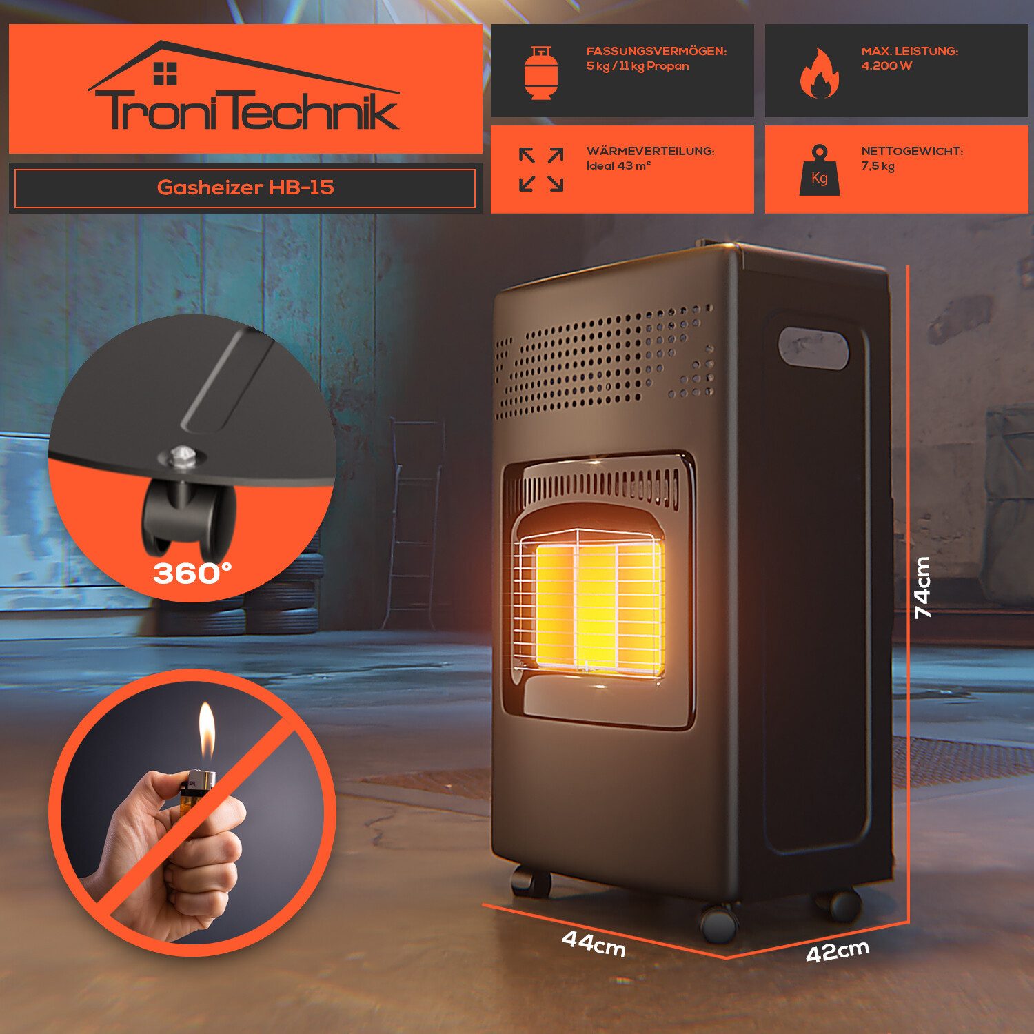 TroniTechnik Heizgerät Infrarot- Heizgerät HB-015 Gasheizer,Piezo-Zündung,4200 Watt,I3B/P(50), 4200 W, Überhitzungsschutz, drei Leistungsstufen:1500/2800/4200 Watt Edelstahl