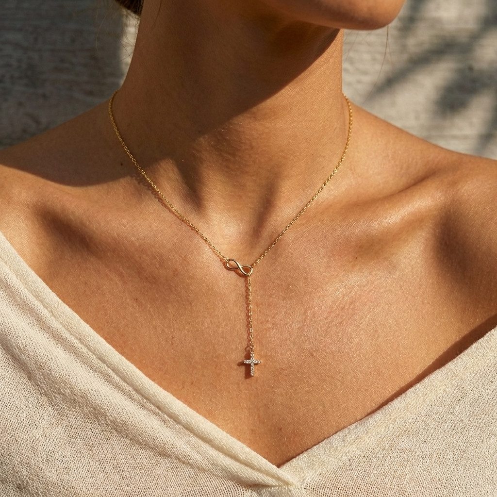 GOLDEN Kreuzkette Infinity Kreuz Lariat Kette – Glaube trifft zeitloses Design