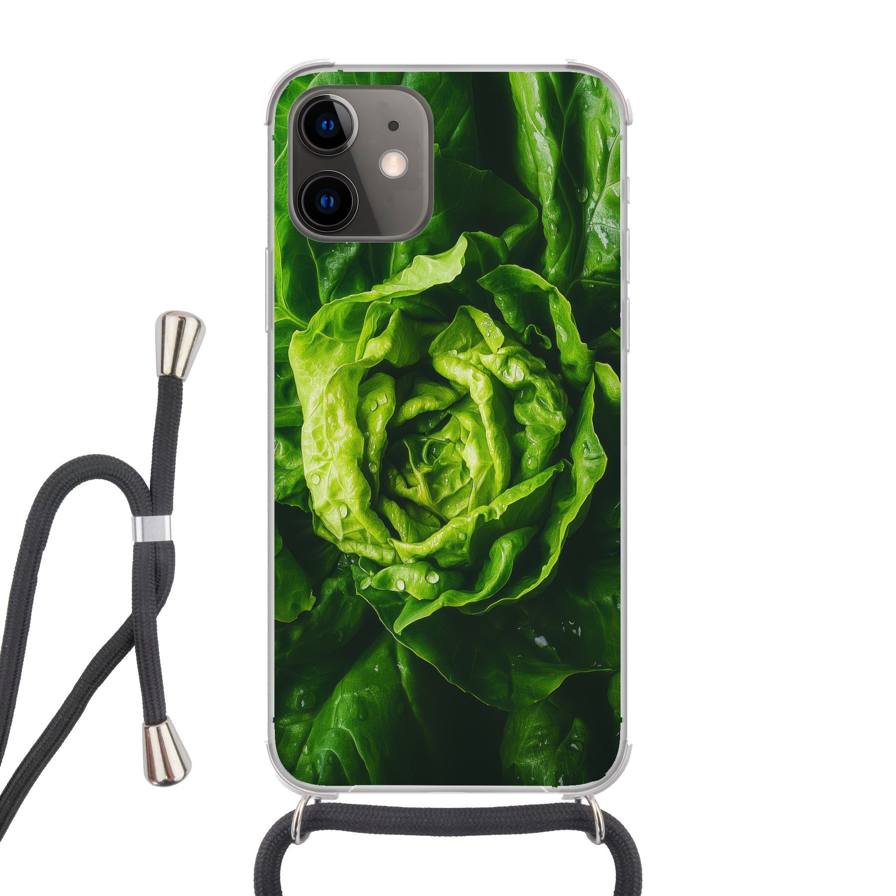 MuchoWow Handyhülle für Apple iPhone 12 Gemüse - Kopfsalat - Grün, Tragbare Handyhüllen mit Kette zum umhängen, Handykette Handyband