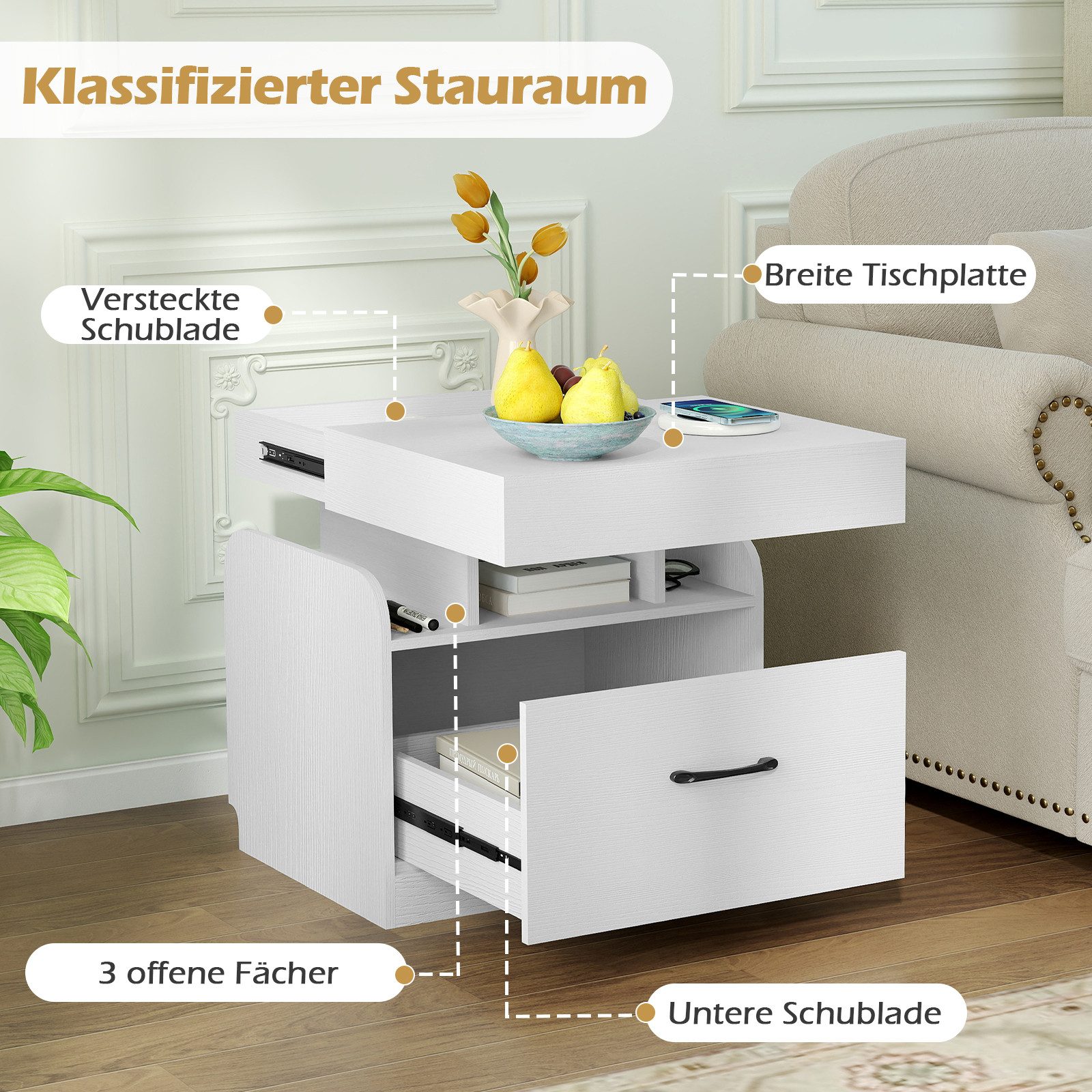 COSTWAY Nachttisch (1-St), Beistelltisch, Sofatisch, mit Ladestation, Schublade