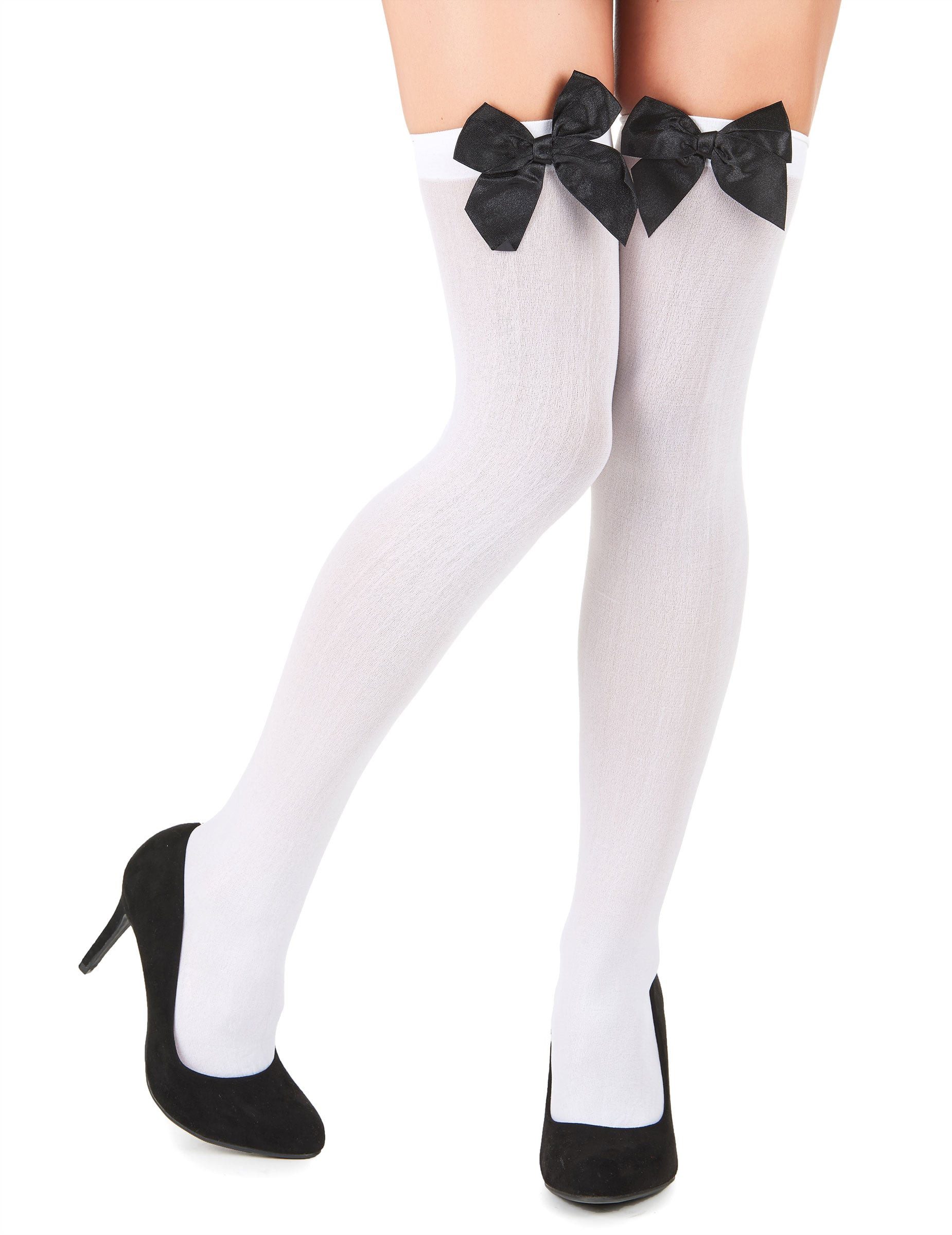 JADEO Kostüm Overknees Strümpfe mit Schleife weiss-schwarz