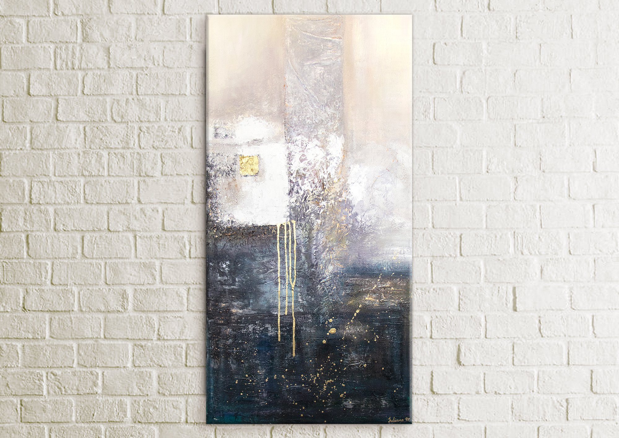 Fragmente, Handgemalt Leinwand Gold Bild Gemälde Blau Schattenfugenrahmen YS-Art Weiß Abstraktes Abstrakt, auf Ohne