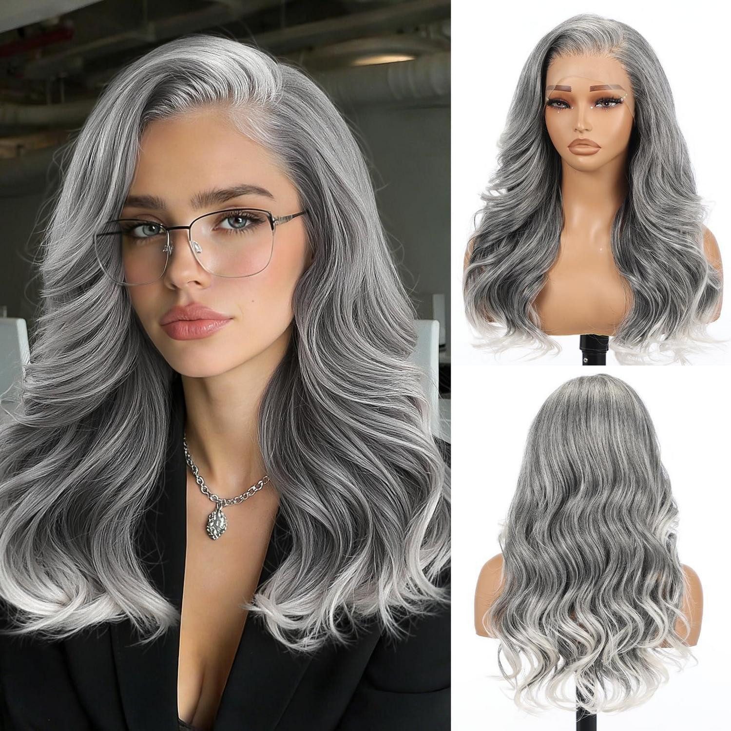 LuxusKollektion Kunsthaarperücke Perücke 13x6 Lace Front HD Kleberlose 22Zoll Bodywave Strähnchen Grau