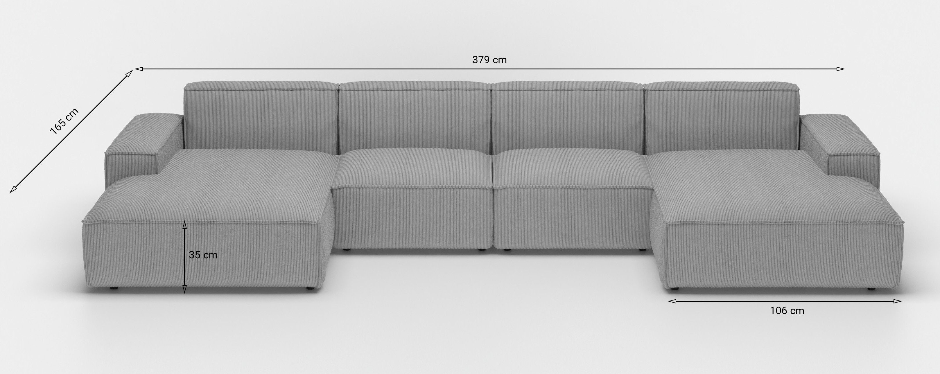 Ecke Beautysofa oder mit Cord-Bezug, Lugano Wellenunterfederung, Velour mit im Stil, U large, Ecksofa modernes breite 379 cm Armlehnen