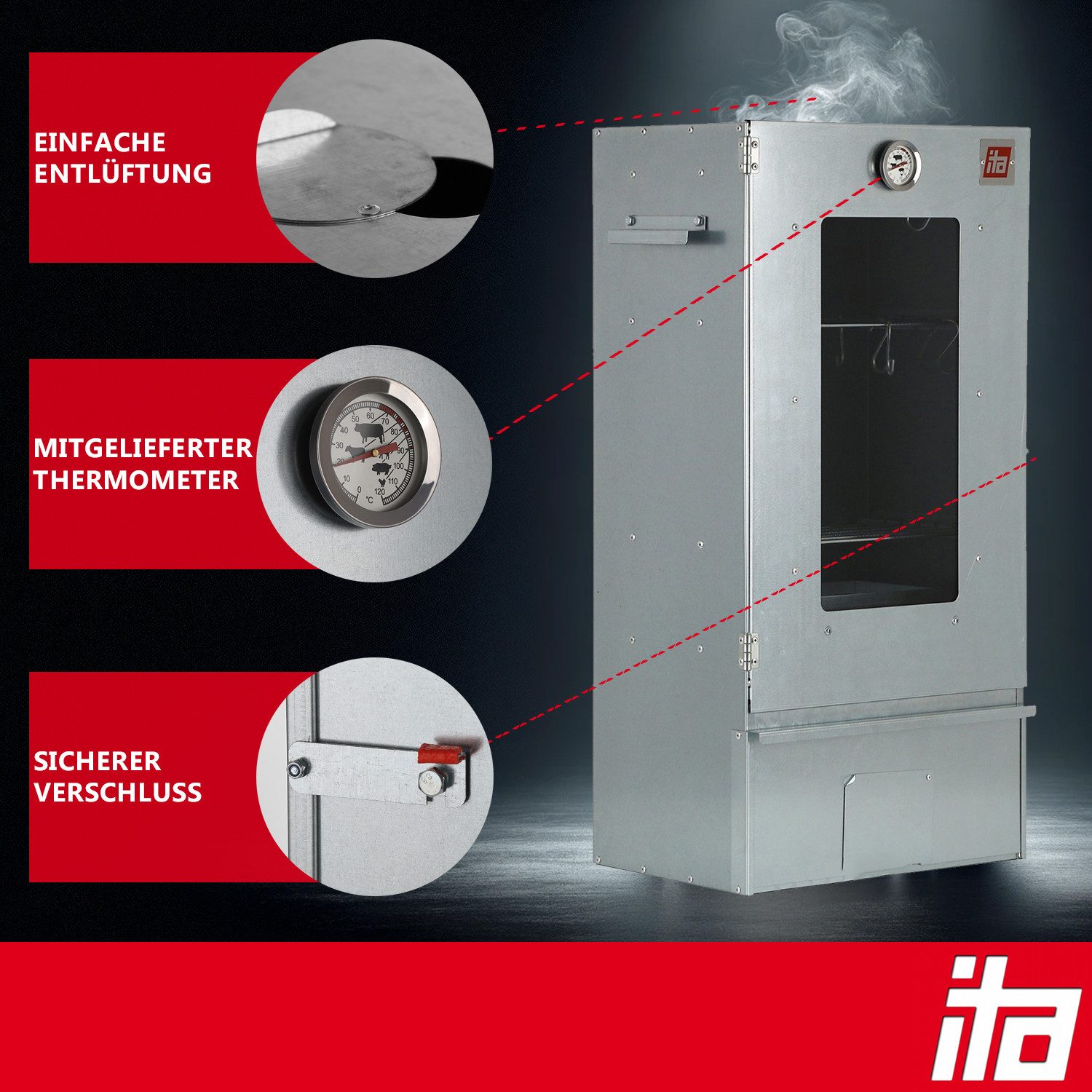 ITA Räucherofen Räucherofen 7002 - Premium Räucherschrank aus Edelstahl 3 Etagen 81 cm, 1-St., Sichtfenster - Qualität Made In EU - Smoker - Direkt vom Hersteller