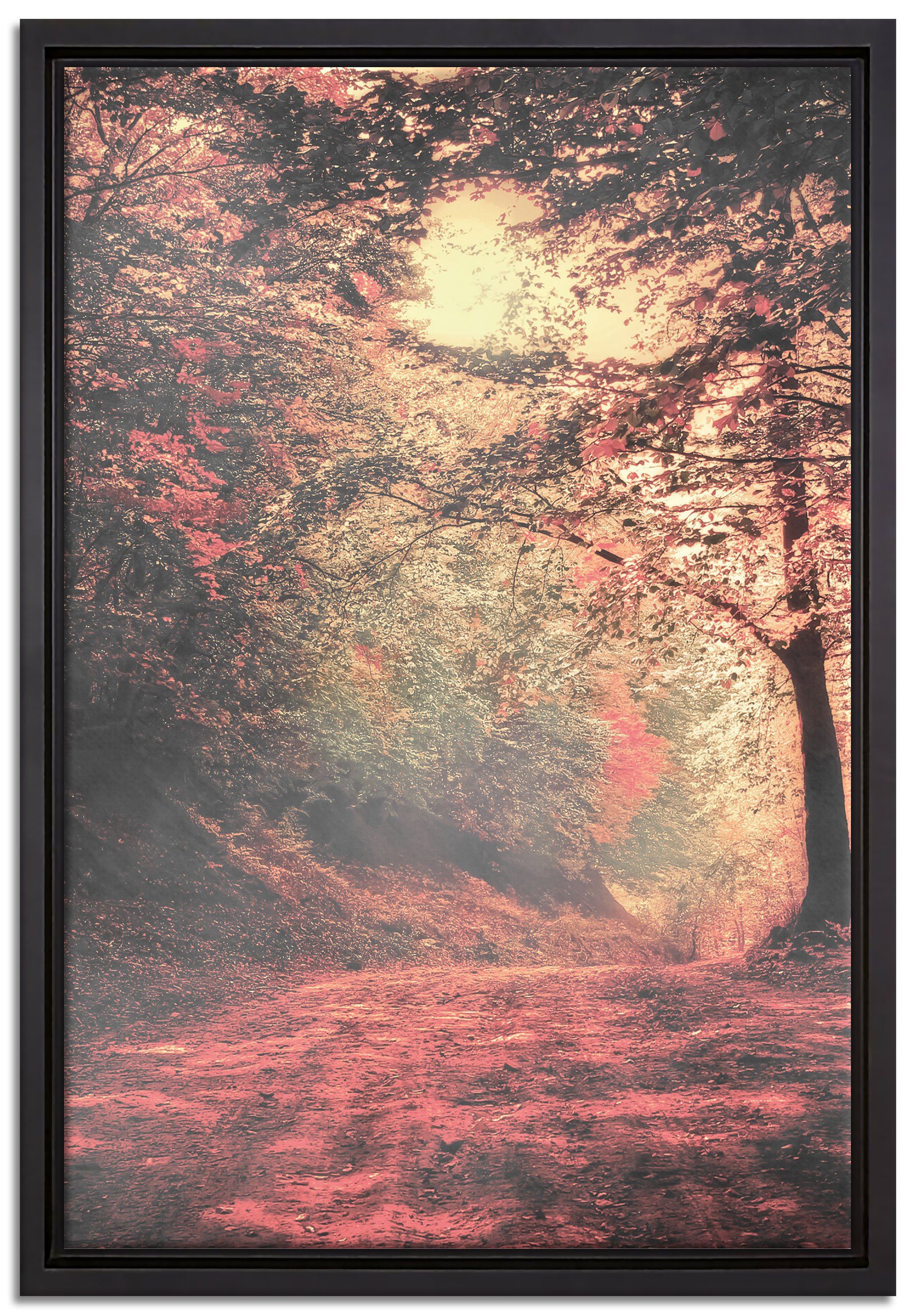 Pixxprint Leinwandbild traumhafte Waldstraße im Herbst, Wanddekoration (1 St), Leinwandbild fertig bespannt, in einem Schattenfugen-Bilderrahmen gefasst, inkl. Zackenaufhänger