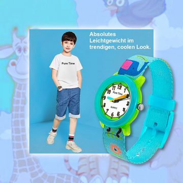 Pure Time Quarzuhr Tiere Kinder Textil Armbanduhr, Kinderuhr in hell blau, grün & weiß
