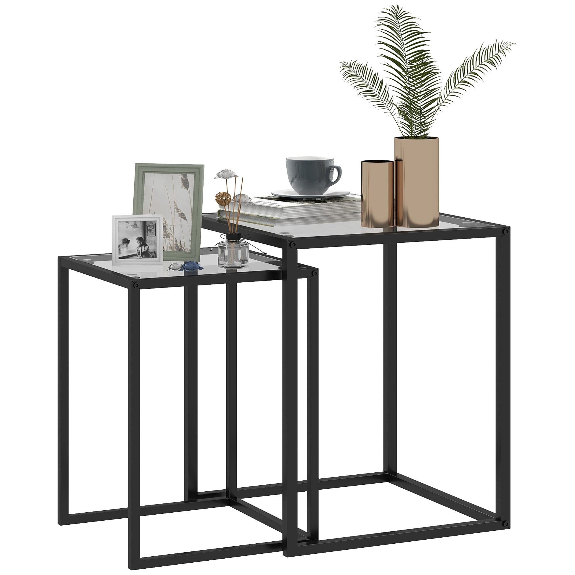 HOMCOM Beistelltisch Nachttisch Couchtisch stapelbar, mit Beinen aus Stahl, modern (Wohnzimmertisch, 2-St., Kaffeetisch), für Wohnzimmer, Schlafzimmer, Schwarz