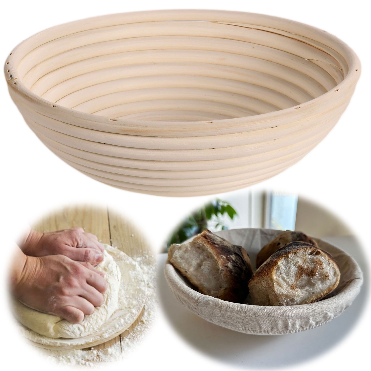 LS-LebenStil Gärkorb Gärkörbchen Rund 25x8cm Peddigrohr Brotform Leineneinsatz Brotkorb, (FSC 100% Rattan natürliche Optik für Brotbacken 1000 – 1250 Gramm 1-tlg), Sauerteig, Hefeteig, Mischbrot, Bauernbrot, Roggenbrot oder Dinkelbrot