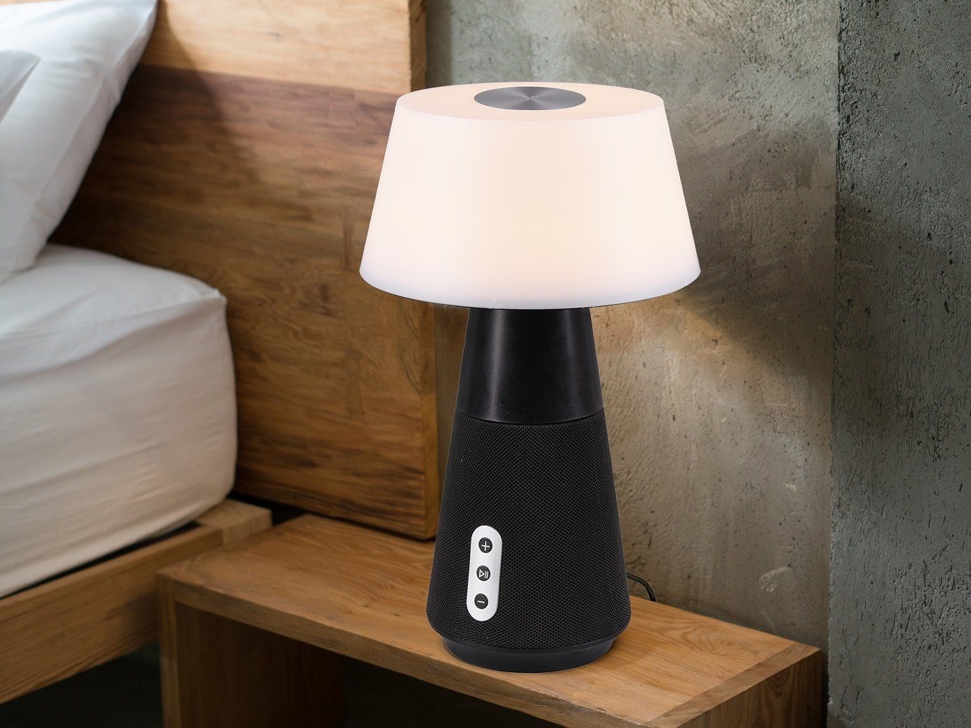 meineWunschleuchte LED Tischleuchte mit Bluetooth Lautsprecher, Höhe 28cm, Bluetooth, Dimmfunktion, LED fest integriert, Warmweiß - Tageslichtweiß, mit Lautsprecher Akku Nachttisch-lampe ohne Kabel Nacht-licht