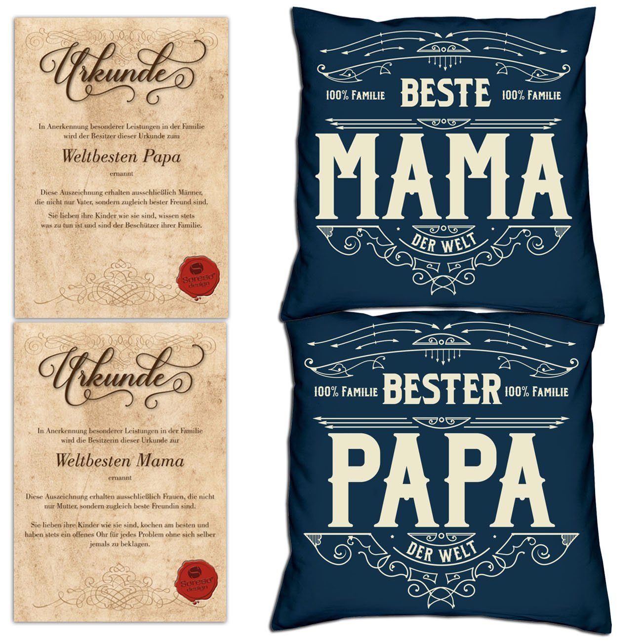 Weihnachtsgeschenk Mama mit Soreso® Bester für Dekokissen Papa Urkunden, Beste Kissen-Set navy-blau Eltern