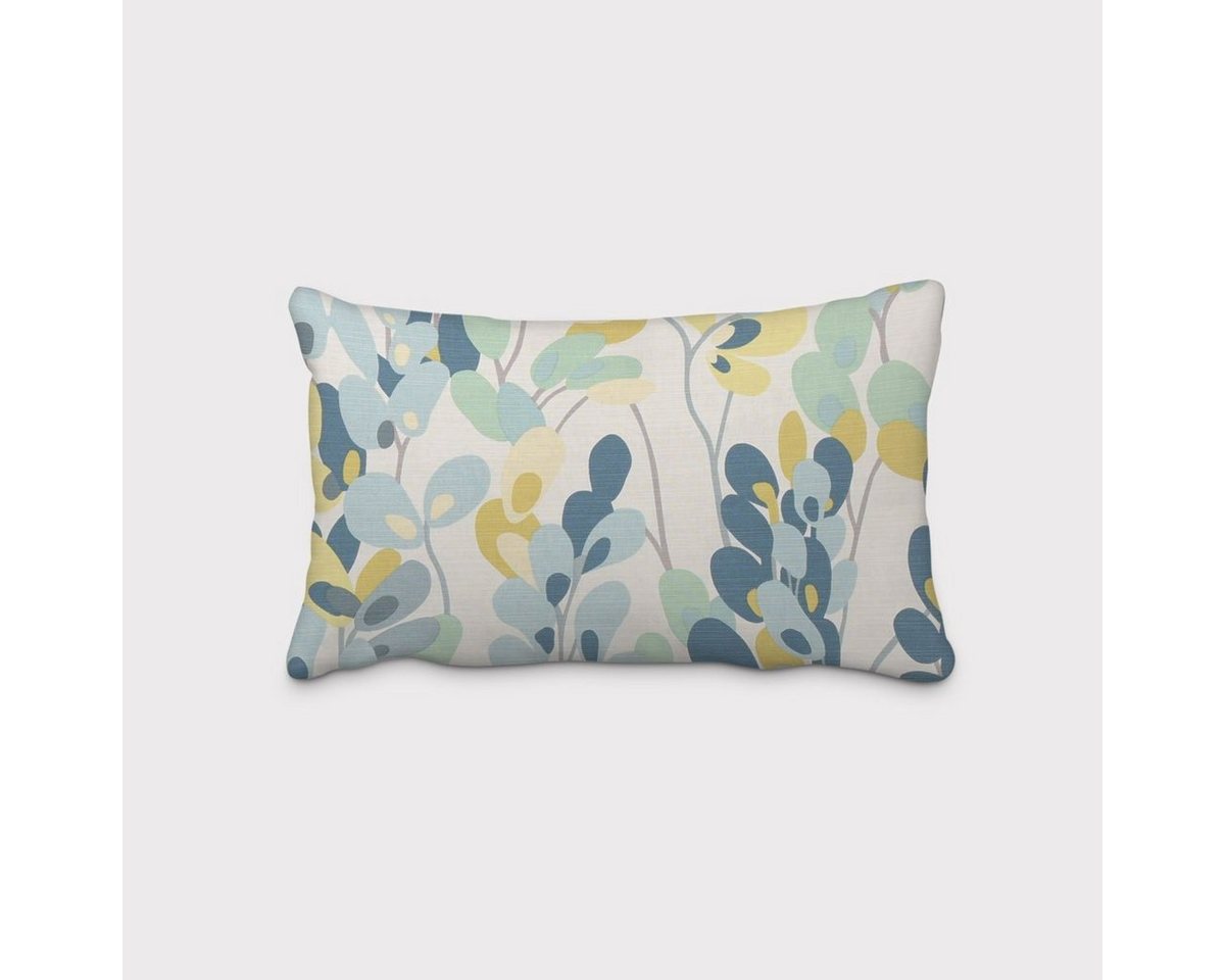 SCHÖNER LEBEN. Dekokissen SCHÖNER LEBEN. Kissenhülle Zweige Blätter weiß grün blau, handmade