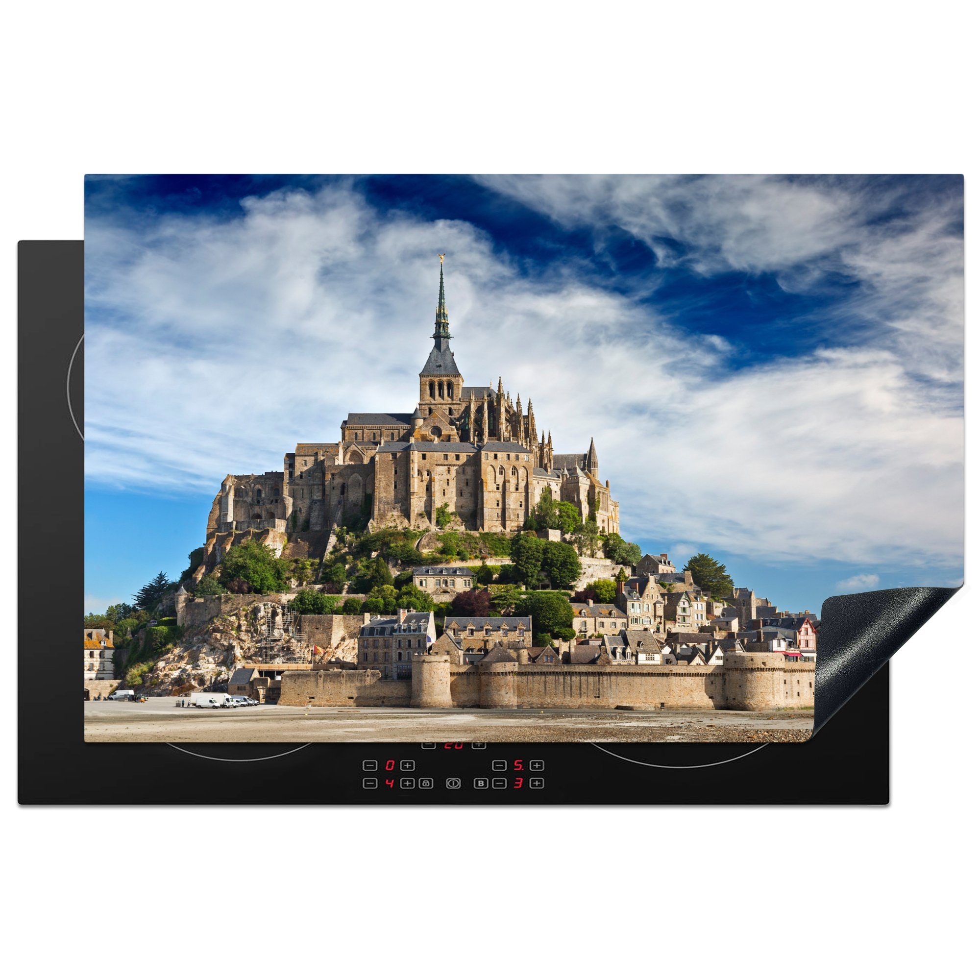 MuchoWow Herdblende-/Abdeckplatte Le Mont-Saint-Michel an einem sonnigen Tag, Vinyl, (1 tlg), 81x52 cm, Induktionskochfeld Schutz für die küche, Ceranfeldabdeckung