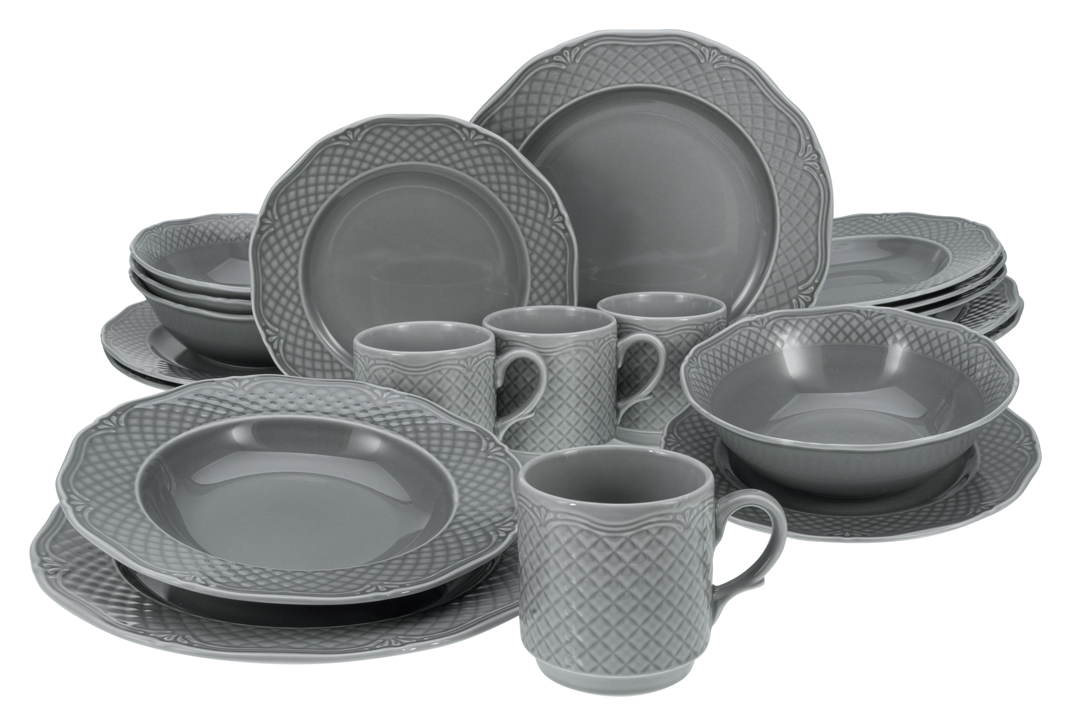 CreaTable Комбинированное обслуживание Arianne (20-tlg), 4 Personen, Porzellan, Vintage-Look, ausdrucksstarkes Relief
