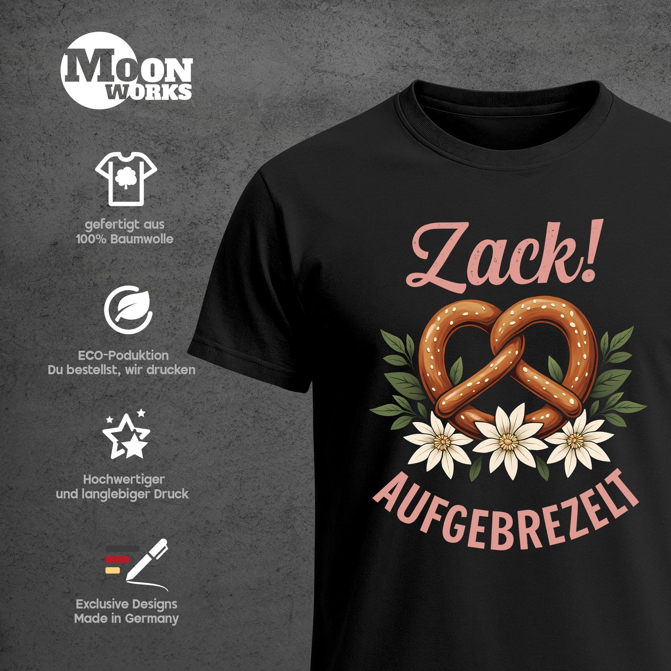 MoonWorks Print-Shirt Herren T-Shirt für das Oktoberfest Zack Aufgebrezelt Brezel & mit Print