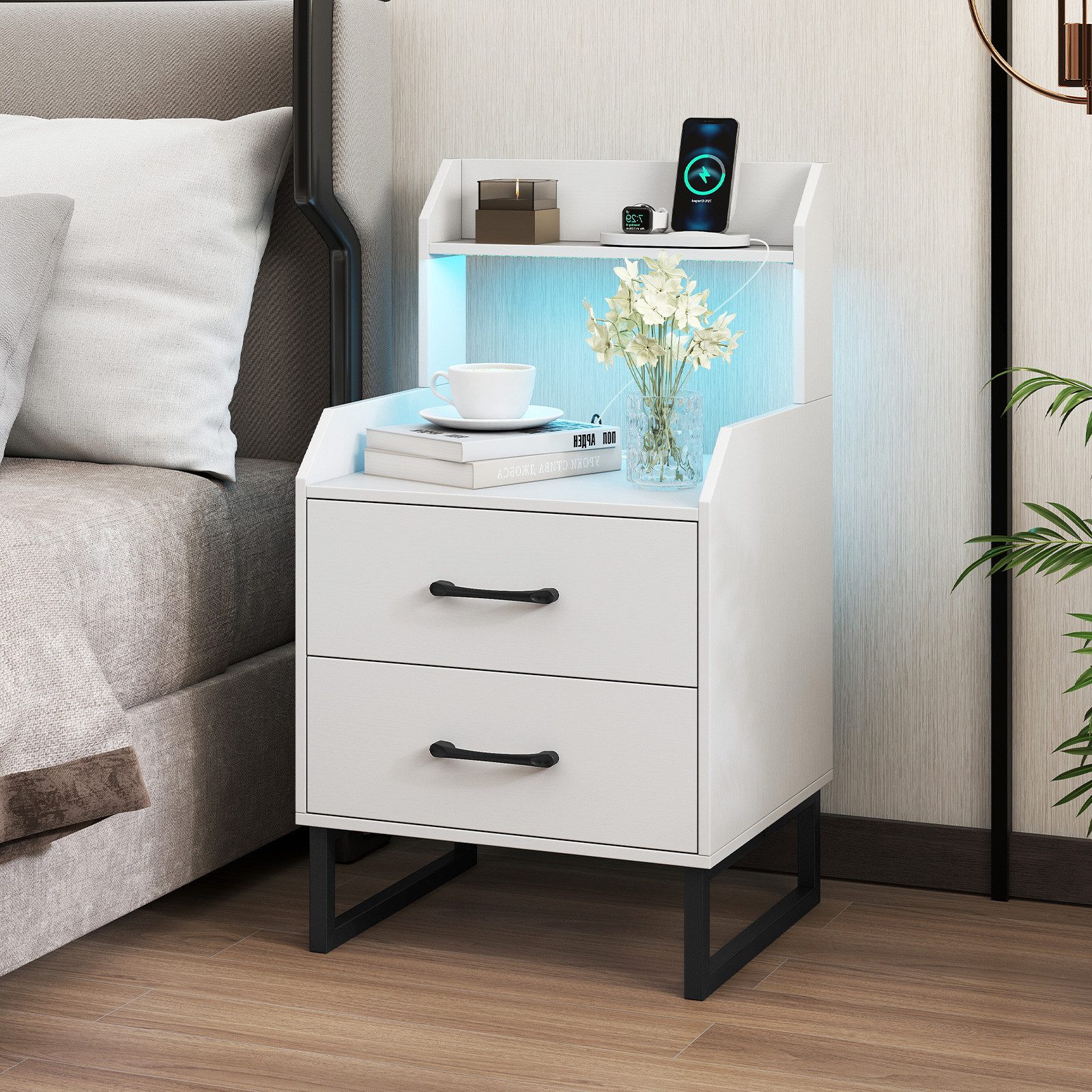 COSTWAY Nachttisch (1-St), Beistelltisch mit LED & Ladestation, Nachtschrank