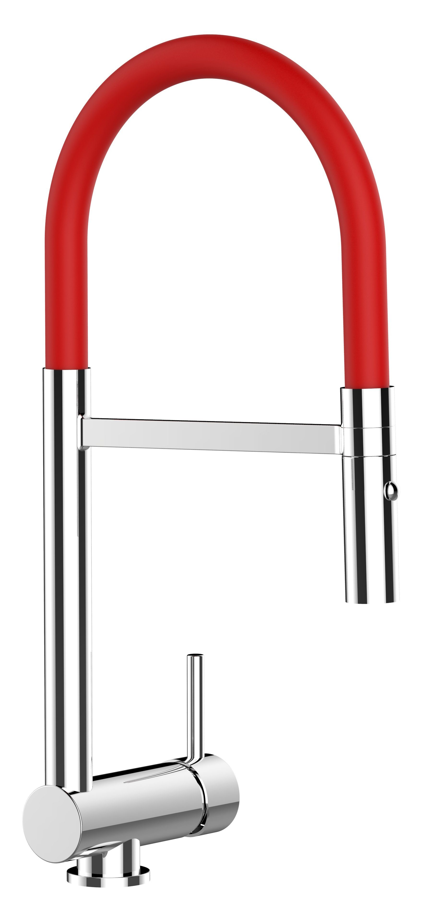 VIZIO Küchenarmatur Unterfenster Armatur 6 cm mit abnehmbarer 2 strahl Brause Hochdruck, Messing verchromt, abgeschwenkt nur 60mm hoch, Sicherungstaste gegen unbeabsichtigtes Abkippen Rot