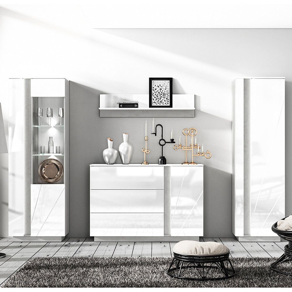 Lomadox Essgruppe LAGONEGRO-131, (Spar-Set), Esszimmer Möbel Set in Beton Optik mit weiß Glanz, 297/201/40 cm
