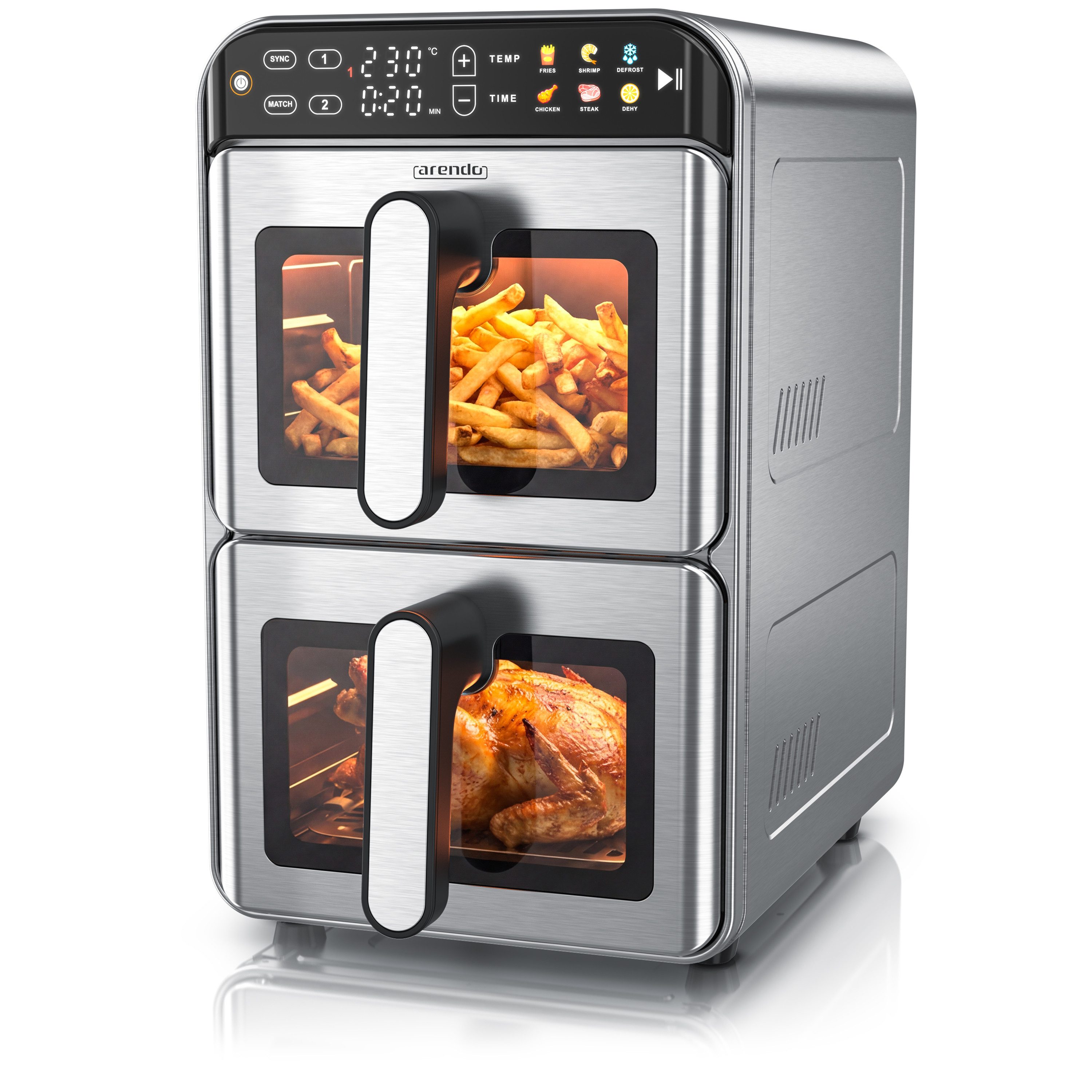 Arendo Heißluftfritteuse XXL Doppelkammer mit 2 Kammern übereinander, Airfryer 11L, Dual Zone, 2200 W, Umluft Backofen mit Zubehör, Edelstahl, fettarmes gesundes Kochen