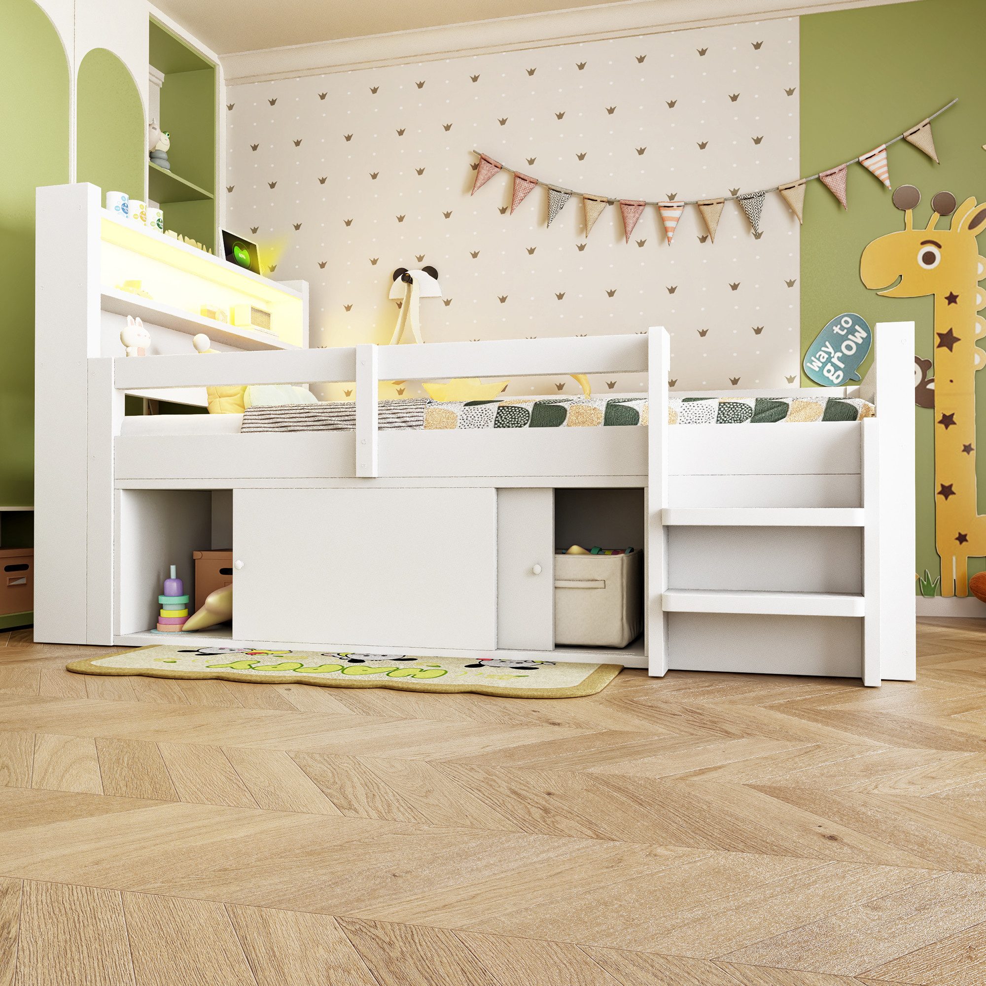Flieks Kinderbett, Halbhochbett 90x200cm, Schrank mit Schiebetüren, LED-Leiste & Aufladen