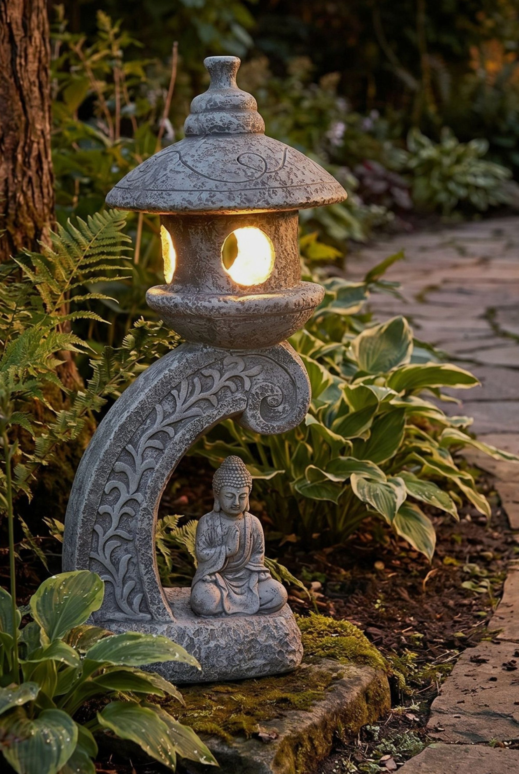 Arnusa LED Solarleuchte Pagode mit Solarlampe Kunststein 60 cm Gartendeko Laterne mit Buddha, LED fest integriert, warmweiß, Japanischer Asiatischer Stil Gartenfigur