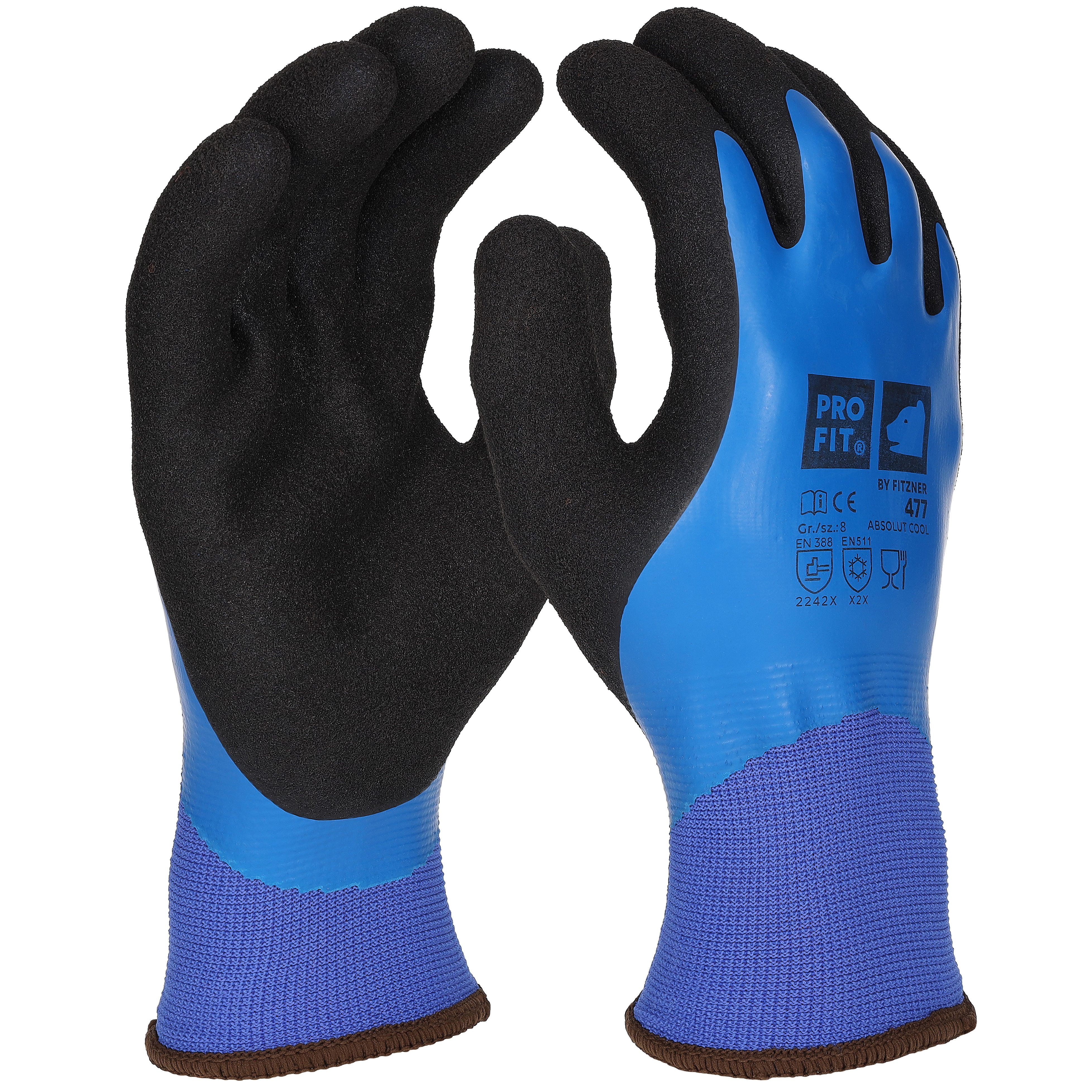 PRO FIT by Fitzner Winter-Arbeitshandschuhe Absolut Cool, Arbeitshandschuhe aus Latexschaum, Blau/Schwarz (6, Paar) Vollgetaucht, angenehm Wärmend, fester Griff, Lebensmittel zugelassen