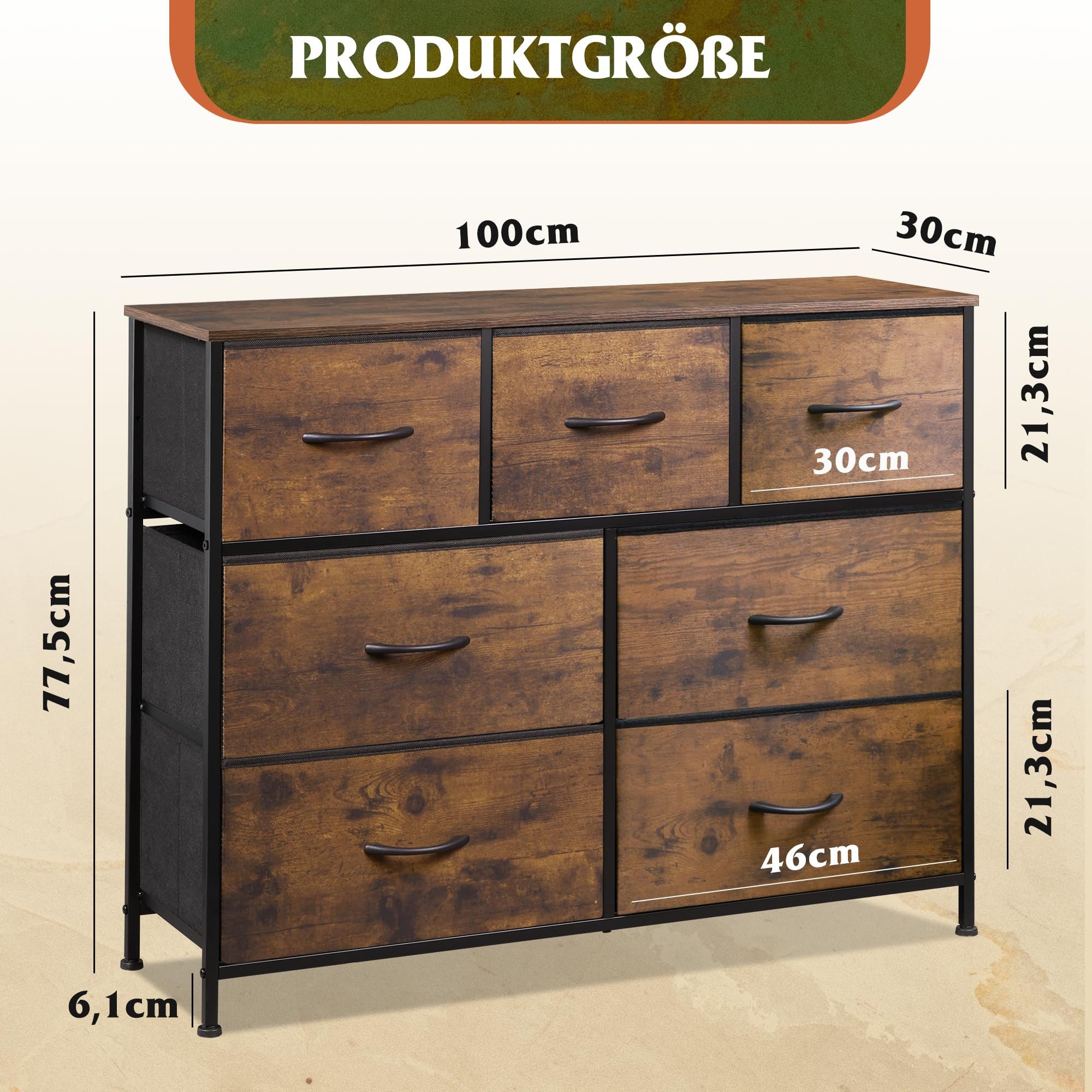 WLIVE Kommode Schubladenkommode mit 7 Stoffschubladen, (stabiler Stahlrahmen & Holzplatte), Breit 100cm, moderne Kommode für Wohnzimmer, Schlafzimmer, Flur & Büro
