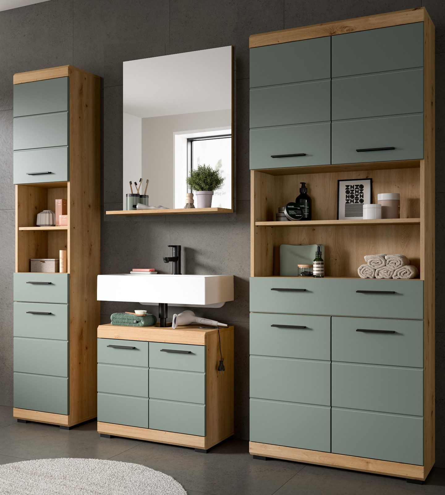 Inn.Furn Badmöbel-Set Shawn, (Badezimmer in Salbei grün und Artisan Eiche, 4-teilig, 200 x 191 cm), mit viel Stauraum
