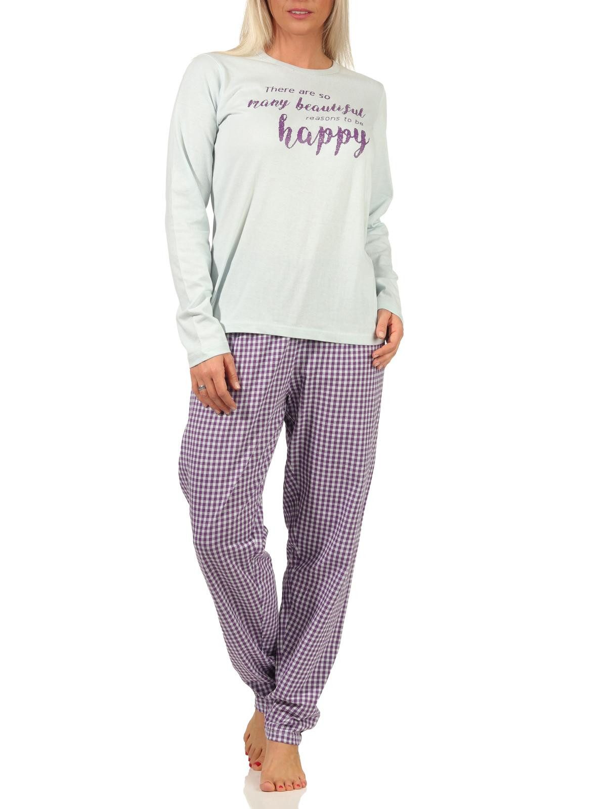 Pyjama Damen langarm Schlafanzug mit Schriftzug und karierter Hose - 66536