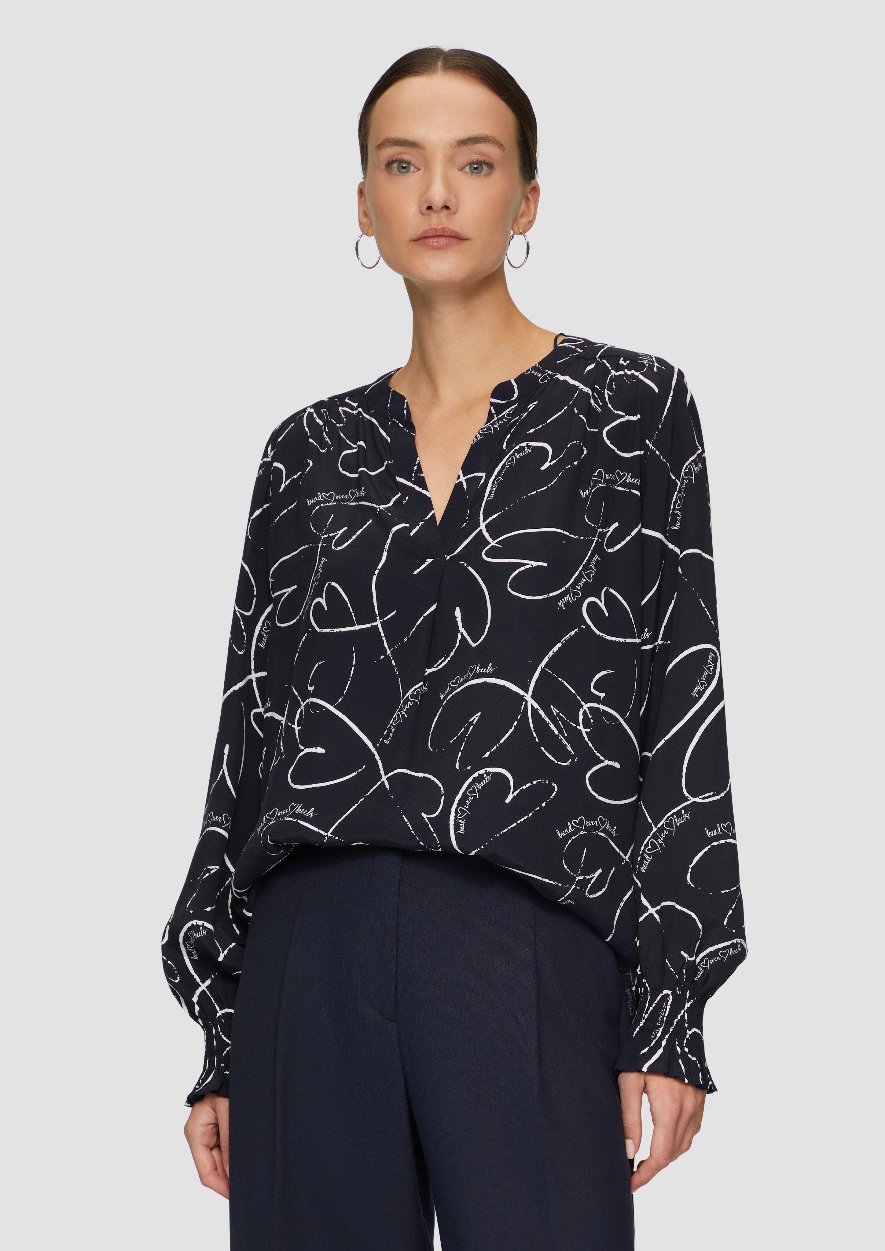 Langarmbluse Viskosebluse mit All-over-Print und Smok-Detail am Ärmel