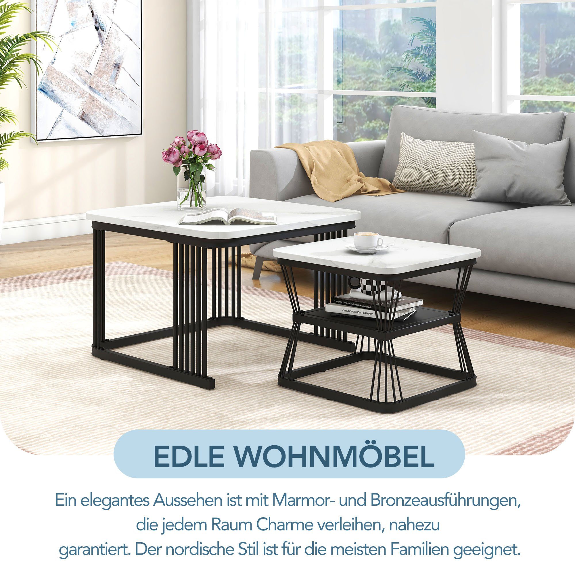 JOIVI Couchtisch Beistelltisch in Marmoroptik, Kaffeetisch mit schwarz matt Stahlrohre (2er Set Tisch, 2er-Set), Wohnzimmertisch mit Stapelbarem Design