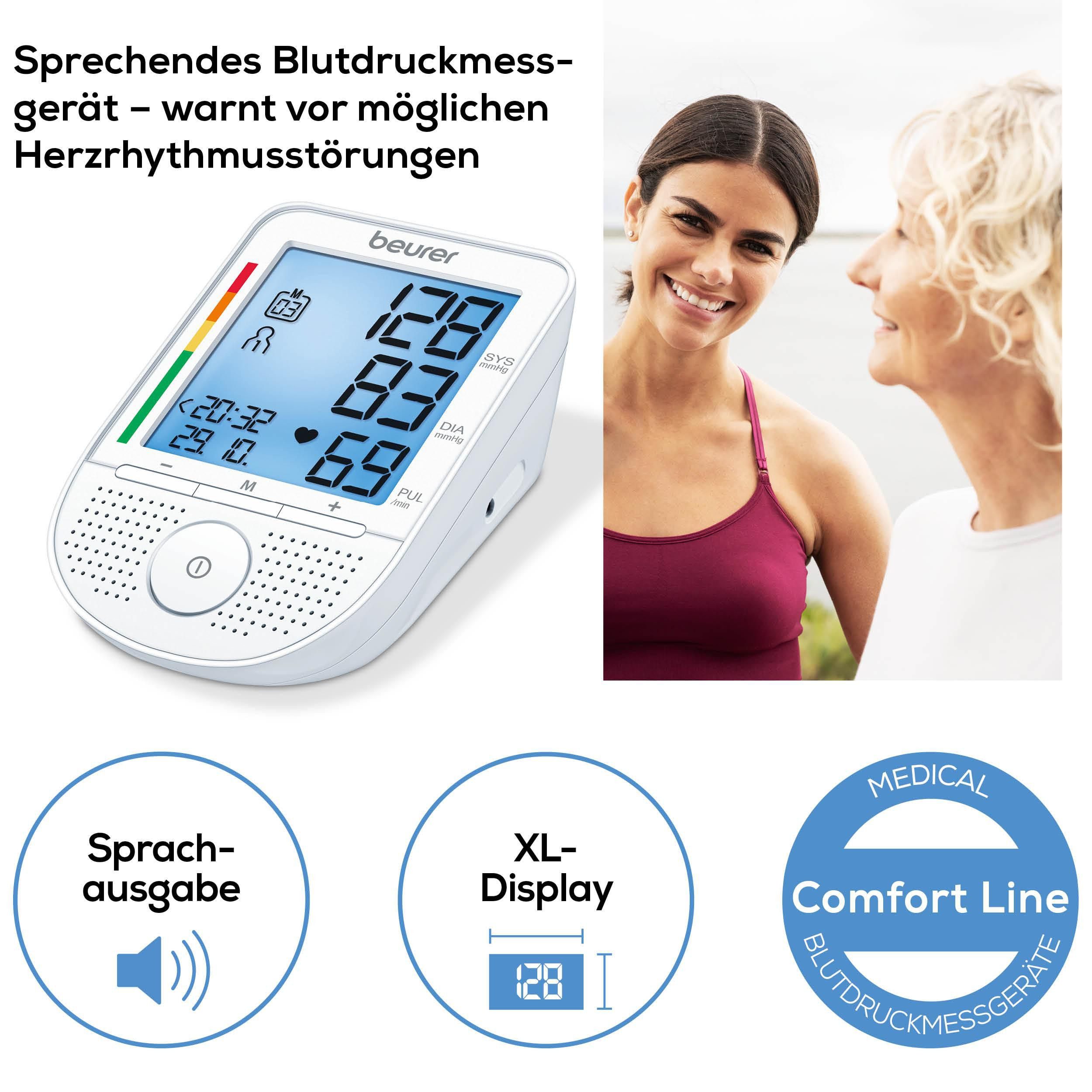 BEURER Oberarm-Blutdruckmessgerät BM 49 mit Sprachausgabe in DE, FR, IT, NL, Mit Arrhythmie-Erkennung, inkl. Aufbewahrungstasche und Blutdruckpass